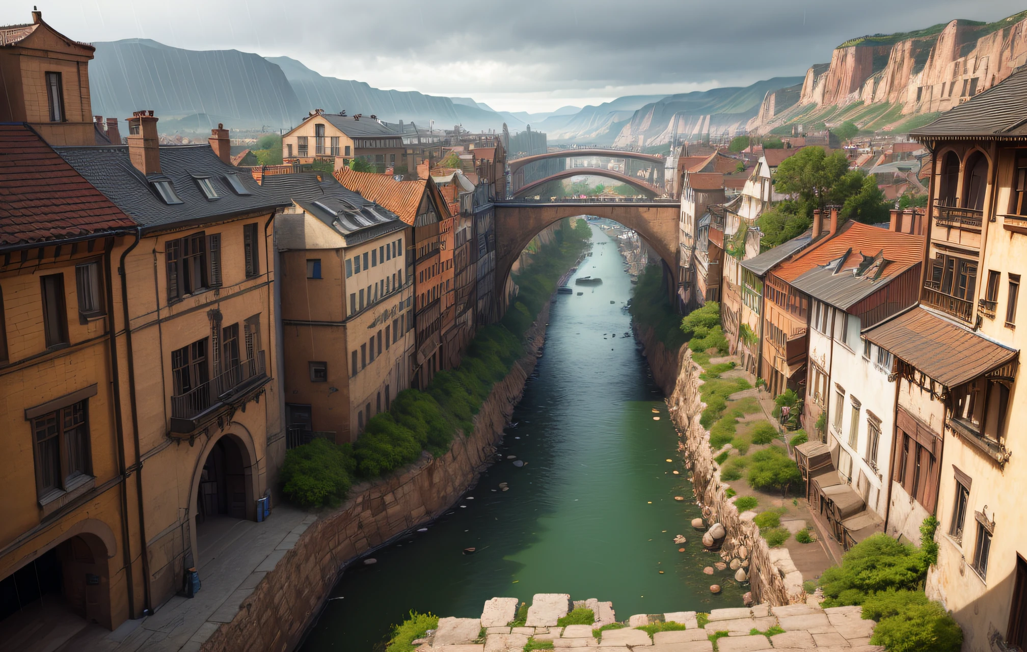 ((masterpiece)),((highest quality))),((high definition)),((real,)) Industrial age city, deep canyon in the middle, architectural street, bazaar, bridge, rainy day, steampunk, european architecture