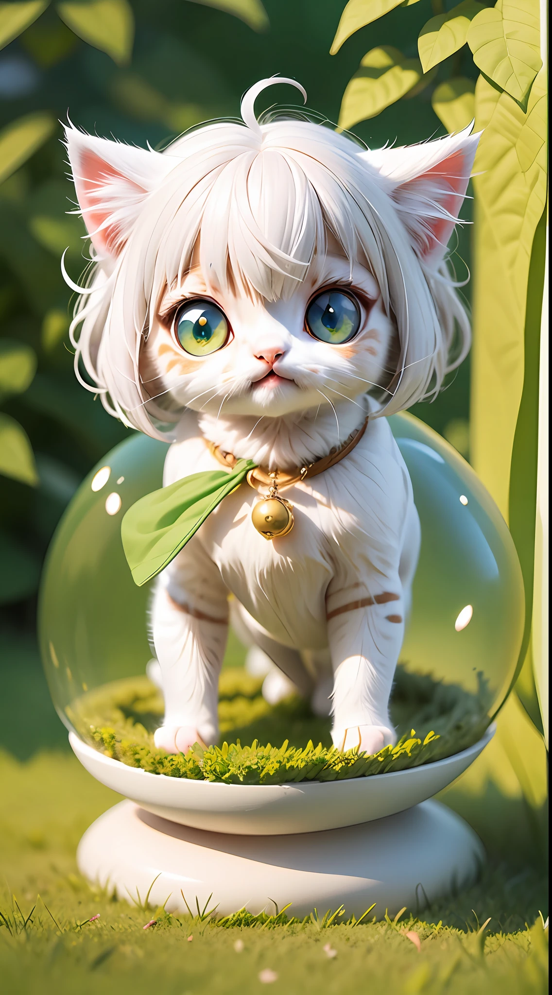 A white-haired kitten，adolable，spherical，cleanness，afloat，shaggy，Big eyes，Non-human，In the green one，Simple，ssmile，Funny，Morandi color system，Looking to the left，Left