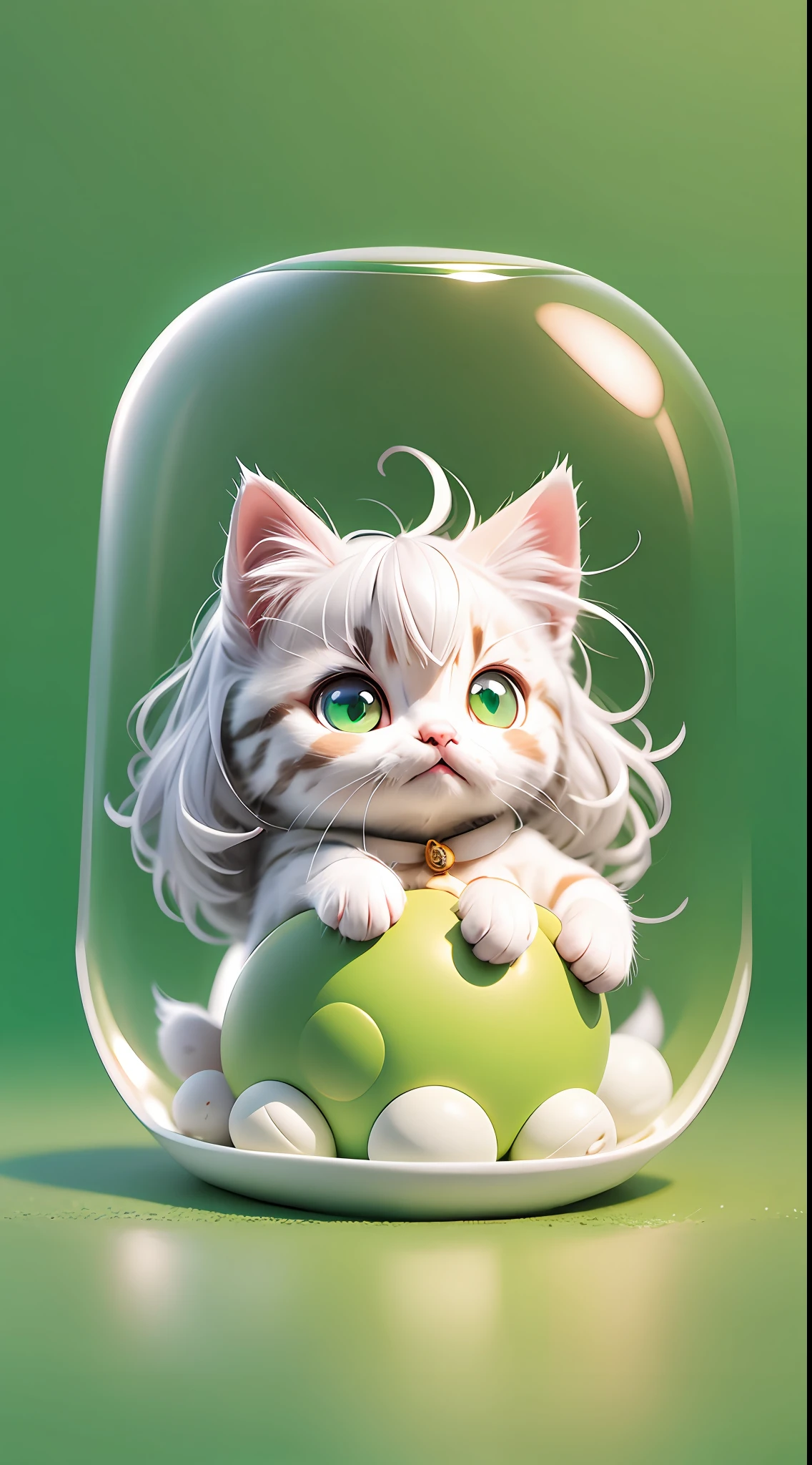 A white-haired kitten，adolable，spherical，cleanness，afloat，shaggy，Big eyes，Non-human，In the green one，Simple，ssmile，Funny，Morandi color system，Looking to the left，Left