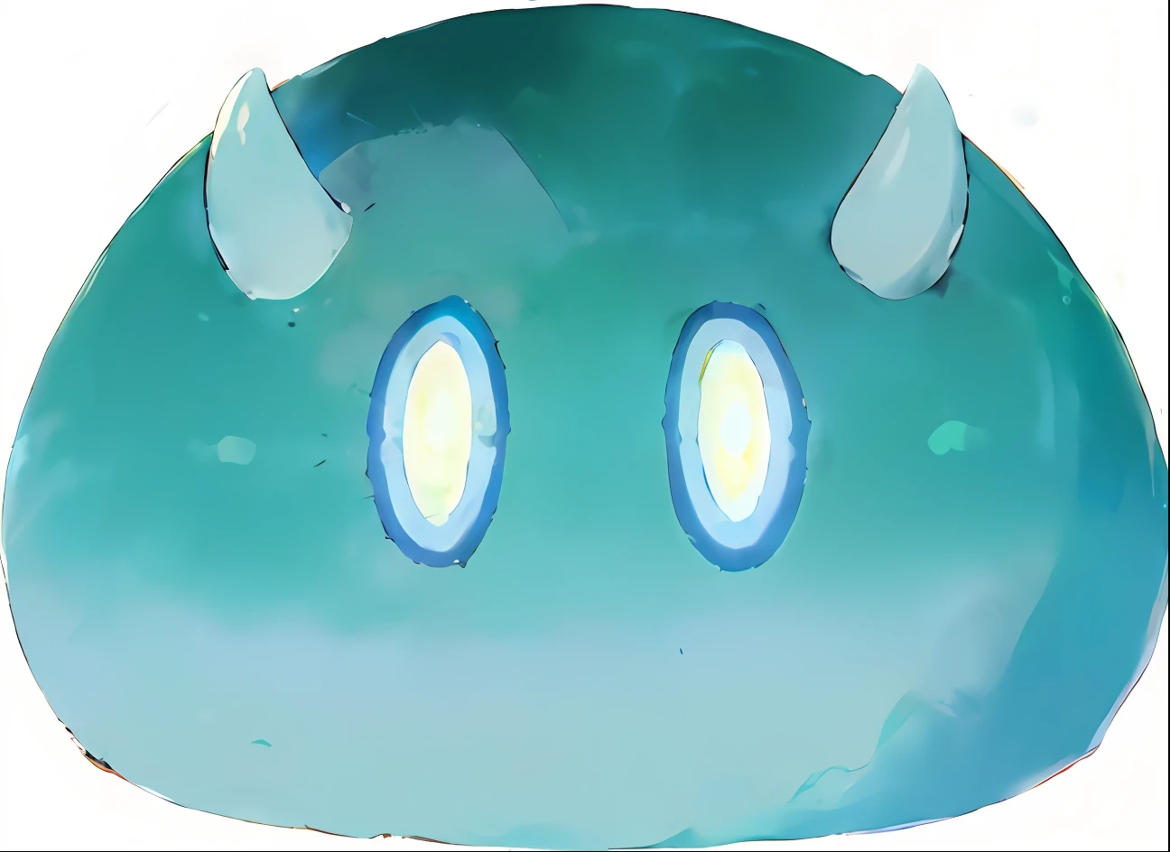 um rosto azul e branco com chifres e chifres, olhos de brilho cristal aquoso, brilhante, alegria reflexiva brilhante viscosa, water type, Trilha Radiante de Slime, Slimes, gelatinoso, olhos e boca brilhantes, grandes olhos brilhantes, bright mint face, a friendly wisp, limo obsidiano, brilho de geleia, babando goo, adorable glowing creature ((slime hrydro genshin impact))