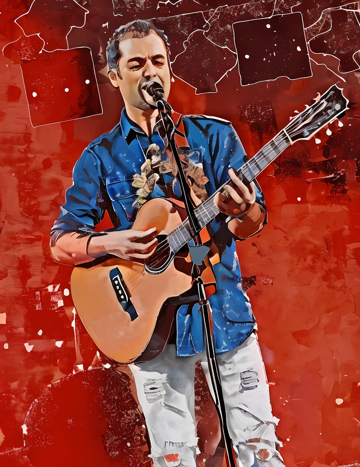 homem arafed com uma guitarra e um microfone no palco, playing guitar on stage, fidelity to reference image