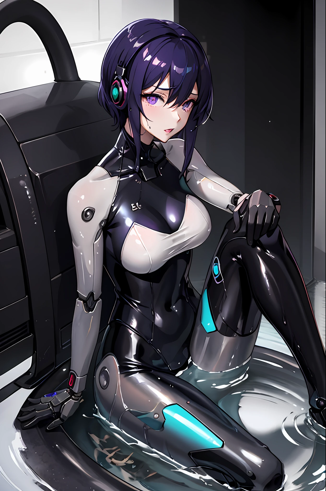Alafed woman in wetsuit sitting in puddle, glossy wet skin!!, wet shiny skin, Made of liquid purple metal, broken beautiful female android!, Beautiful Female Android!, perfect android girl, Seductive Anime Girl, biomechanical oppai, an oppai cyberpunk, Drenched body, Purple body, Latex skin, Cyborg girl, Wet look