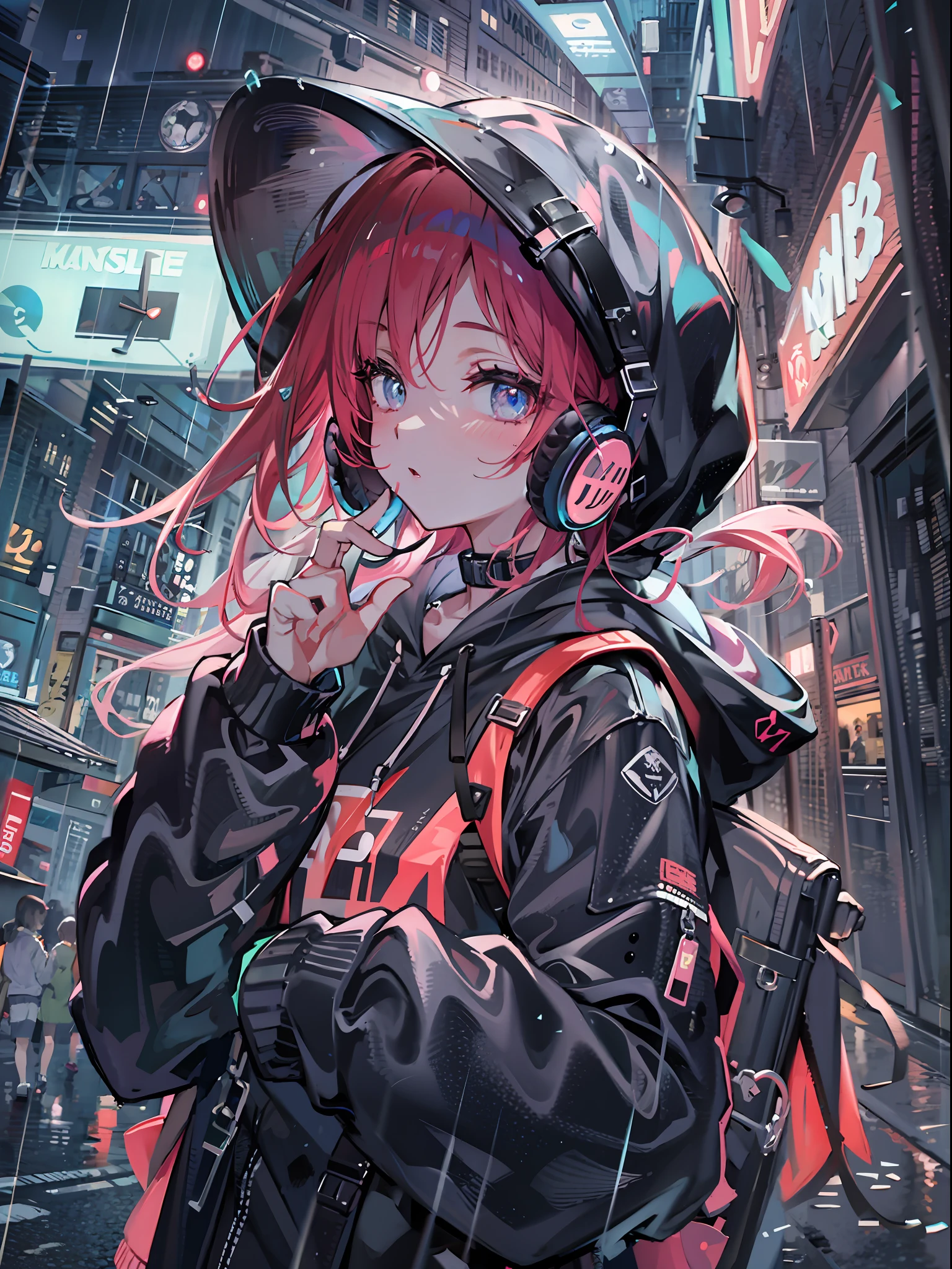 masterpiece, girl alone, solo, incredibly absurd, hoodie, headphones, street, outdoor, rain, neon,