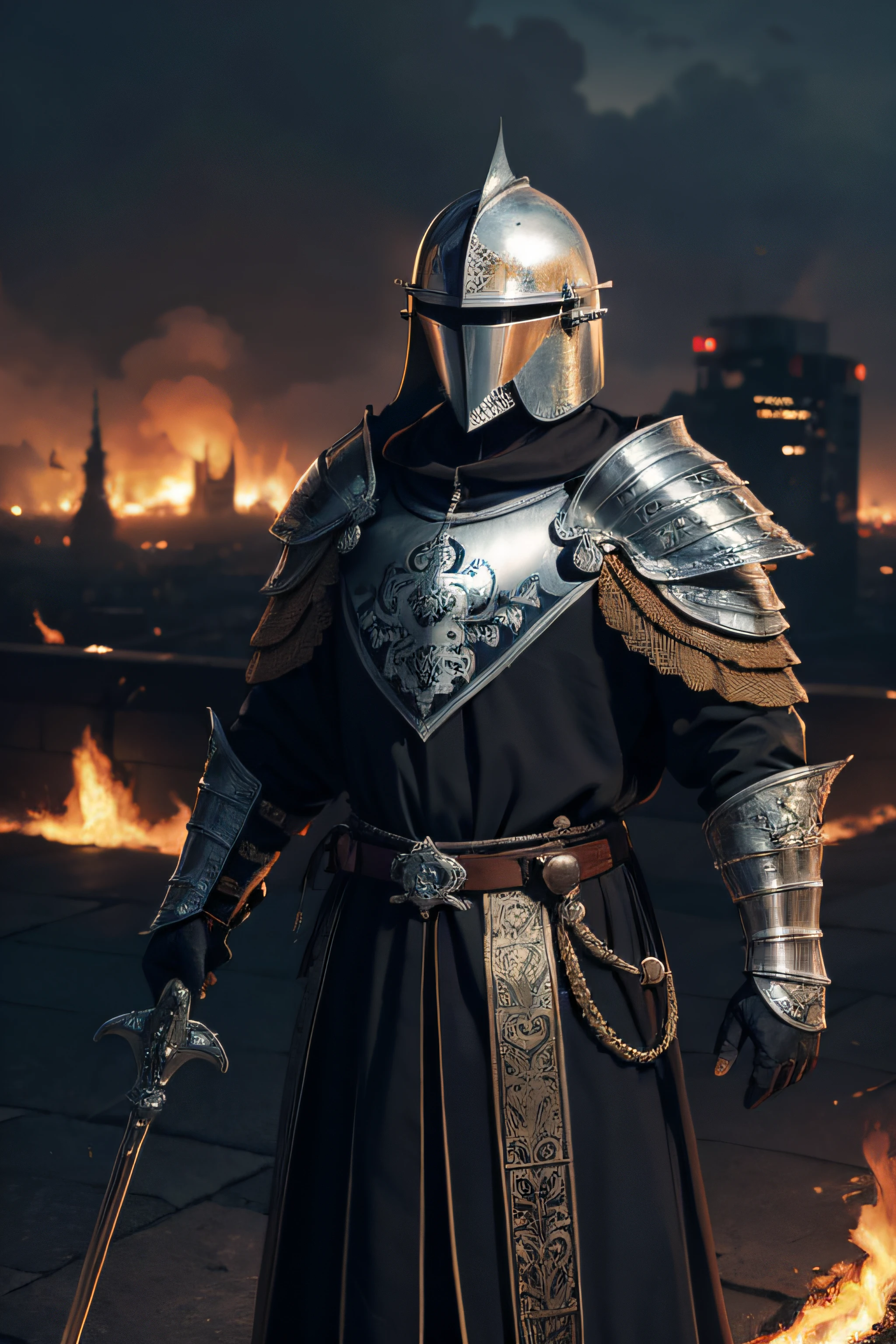 Masterpiece, 8K, wallpapers, (Detailed), ((full - body)), ((Middle Ages)), Male, Teutonic knight, (topfhelm bucket helmet on his head), (against the backdrop of a burning city), ((high skin detail, skin details)), sharp-focus, 8K UHD, dslr, hiquality, Film grain, best quality, detailed face, detailed eyes, detailed pupils, detailed clothes and features, detailed objects in hand, clear background