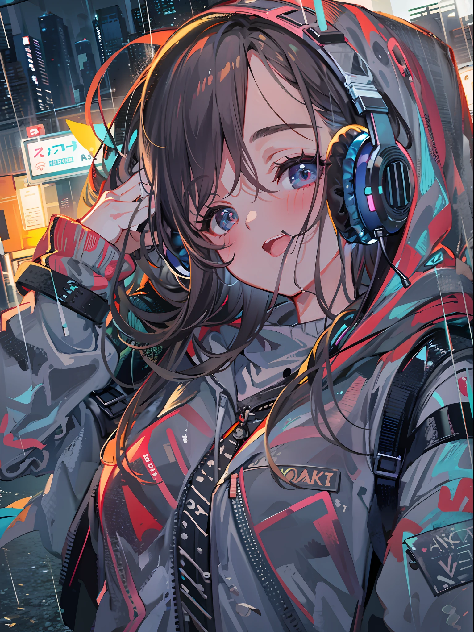 masterpiece, girl alone, solo, incredibly absurd, hoodie, headphones, street, outdoor, rain, neon,
