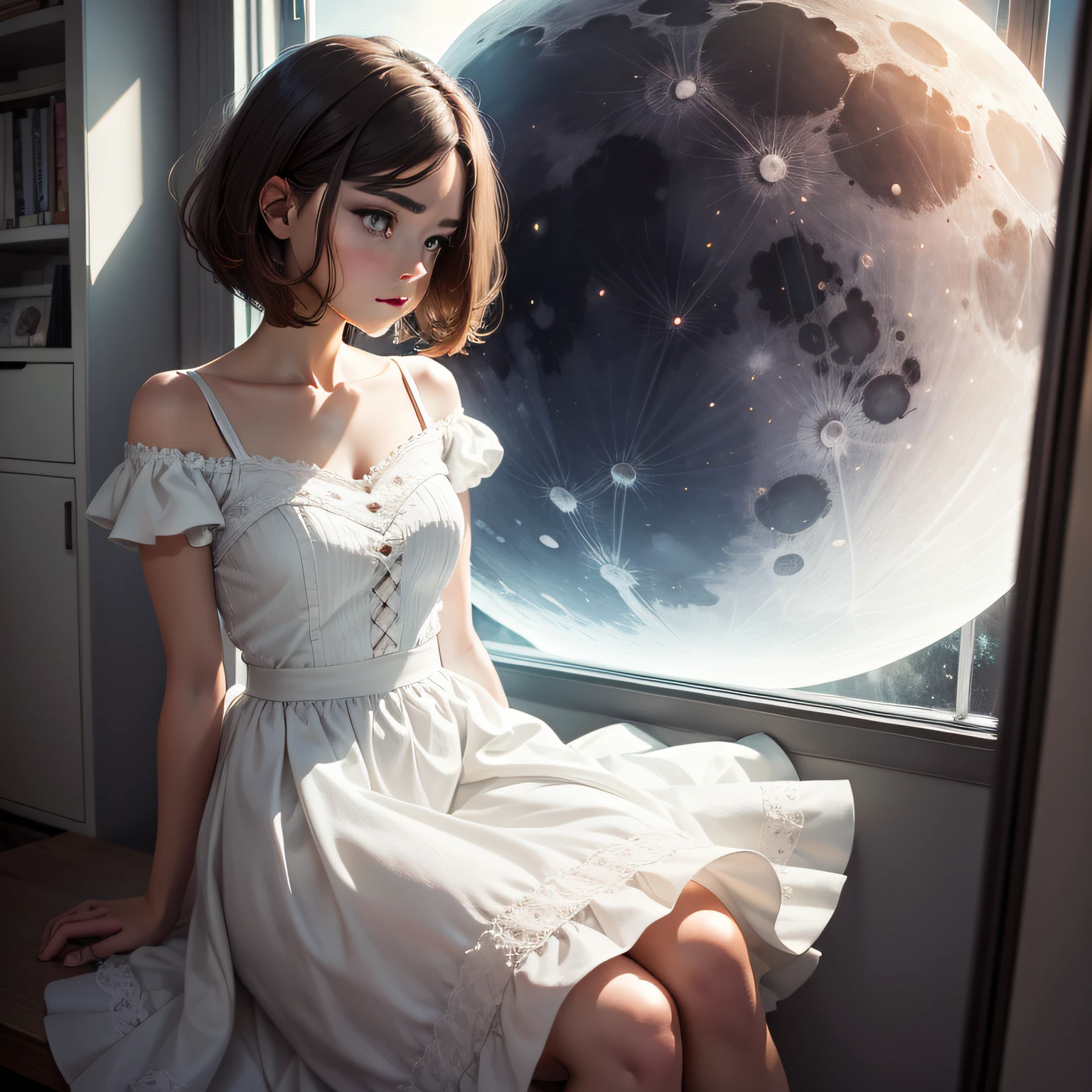 quadratic element,brunette color hair,short detailed hair,white dresses,beside the window,Moon,adolable,depressive