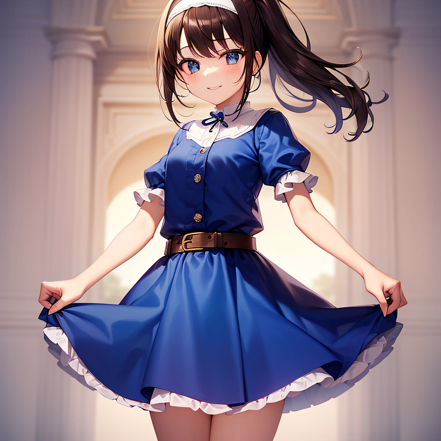 top-quality、extremely delicate and beautiful、 Girls、small tits、((((Solo Girl))))、11years old girl、(dark brown hair)、Blue clothes with vertical buttons、Belt at waist、White skirt、(((poneyTail)))、(white hairband)、(Brown boots)、blue eyess、is standing、A smile、