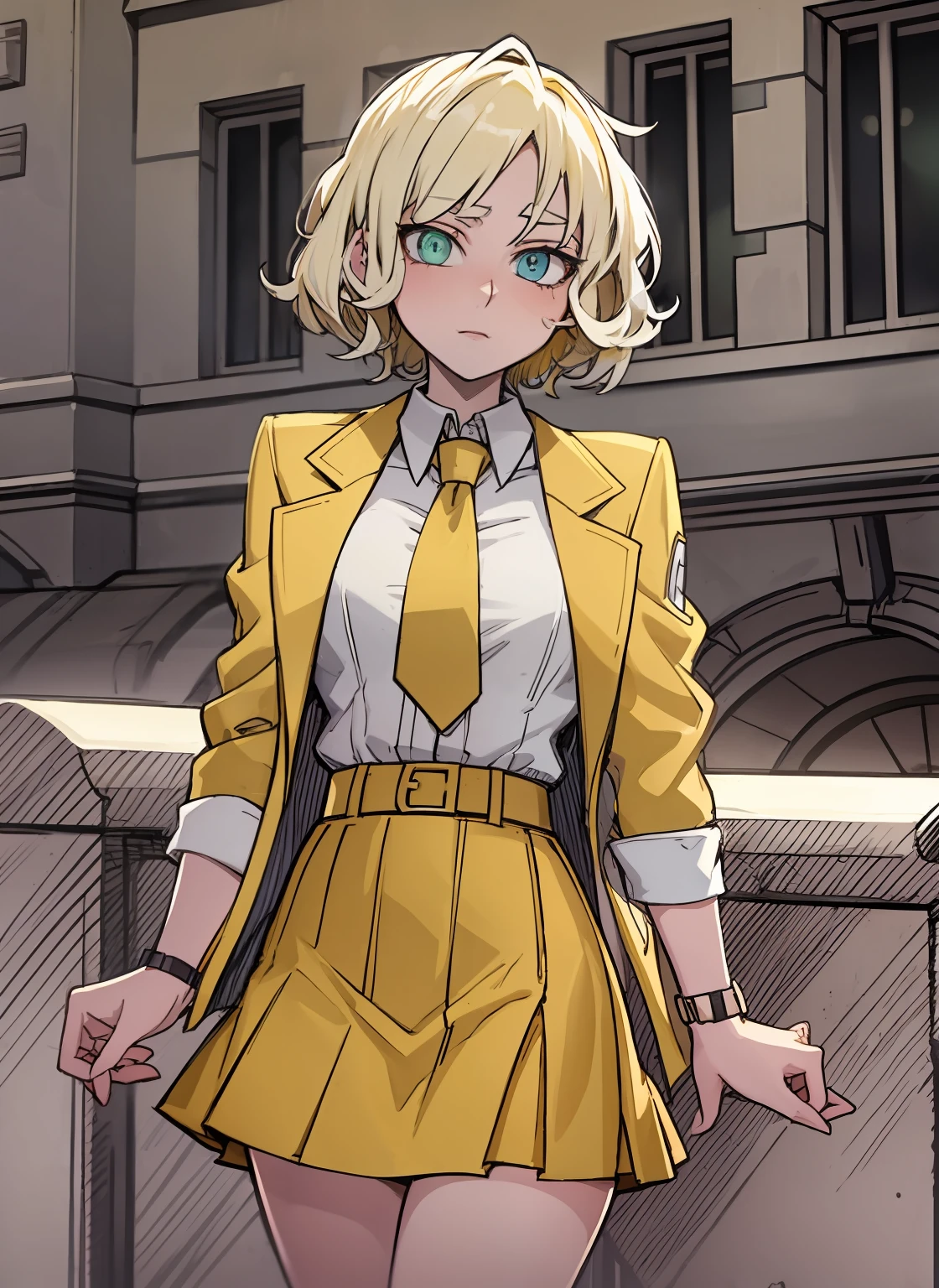 short blonde hair girl wearing white chemise and earthy yellow coat, school uniform, wearing red tie, green eyes, aqua eyes, heterochromia, miniskirt, big breasts