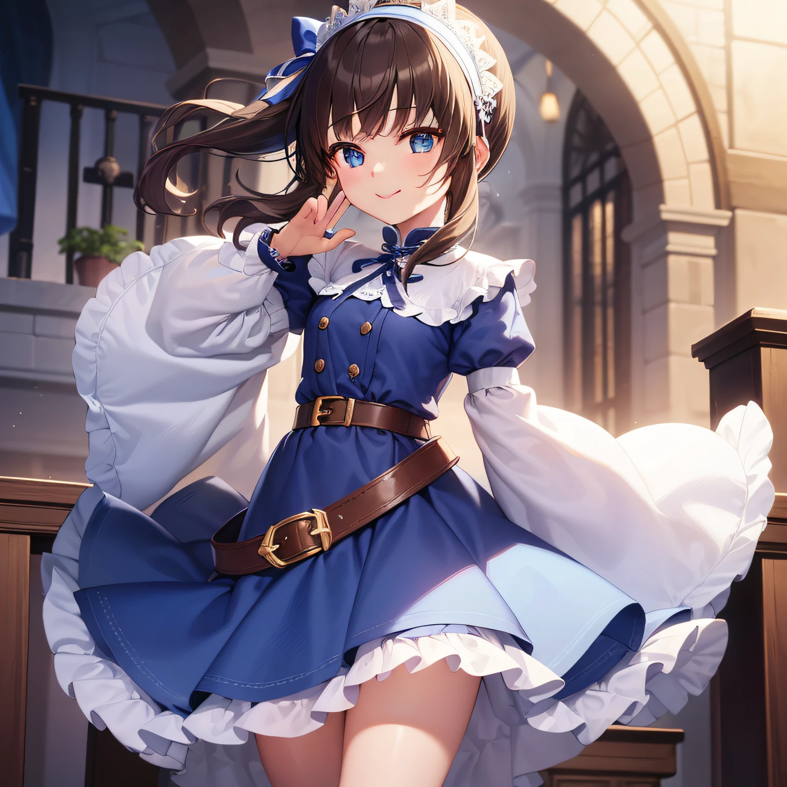 top-quality、extremely delicate and beautiful、Teen Girls、small tits、((((Solo Girl))))、11years old  girl、(dark brown hair)、Blue clothes with vertical buttons、Belt at waist、White skirt、(((poneyTail)))、(white hairband)、(Brown boots)、blue eyess、is standing、A smile、