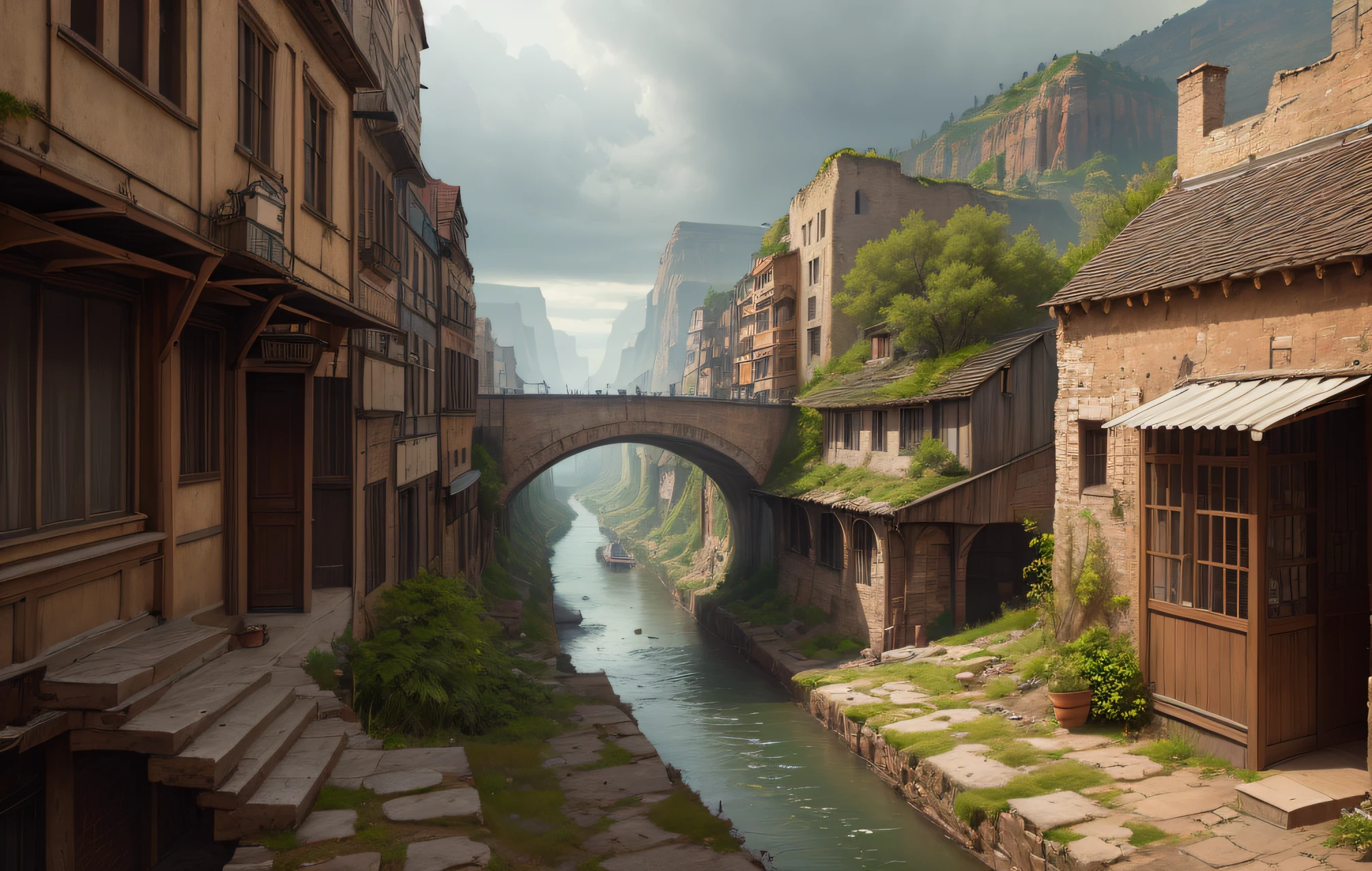 ((masterpiece)),((highest quality))),((high definition)),((real,)) Industrial age city, deep canyon in the middle, architectural street, bazaar, bridge, rainy day, steampunk, european architecture
