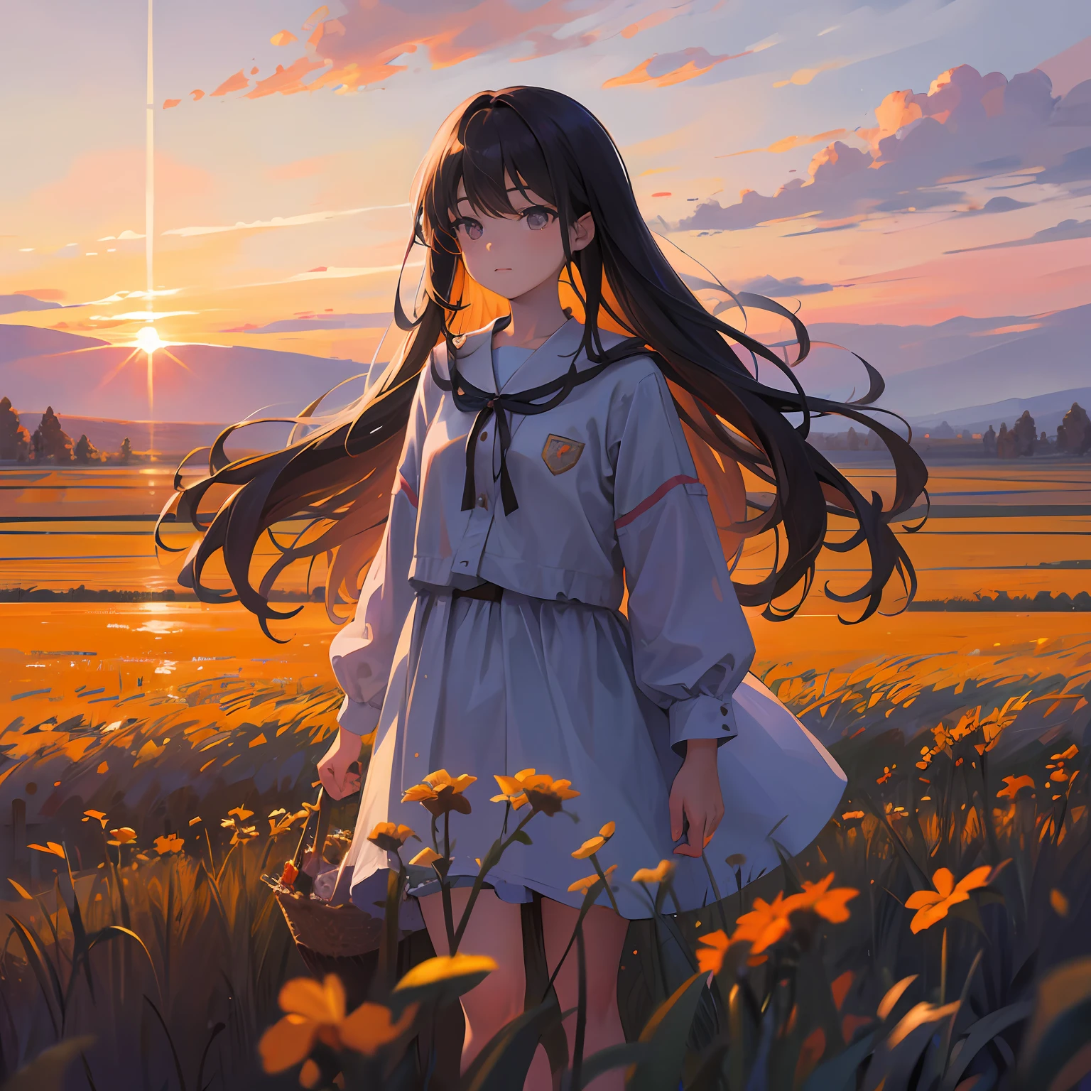 girl standing in field, closeup, portrait, clouds, sunrise