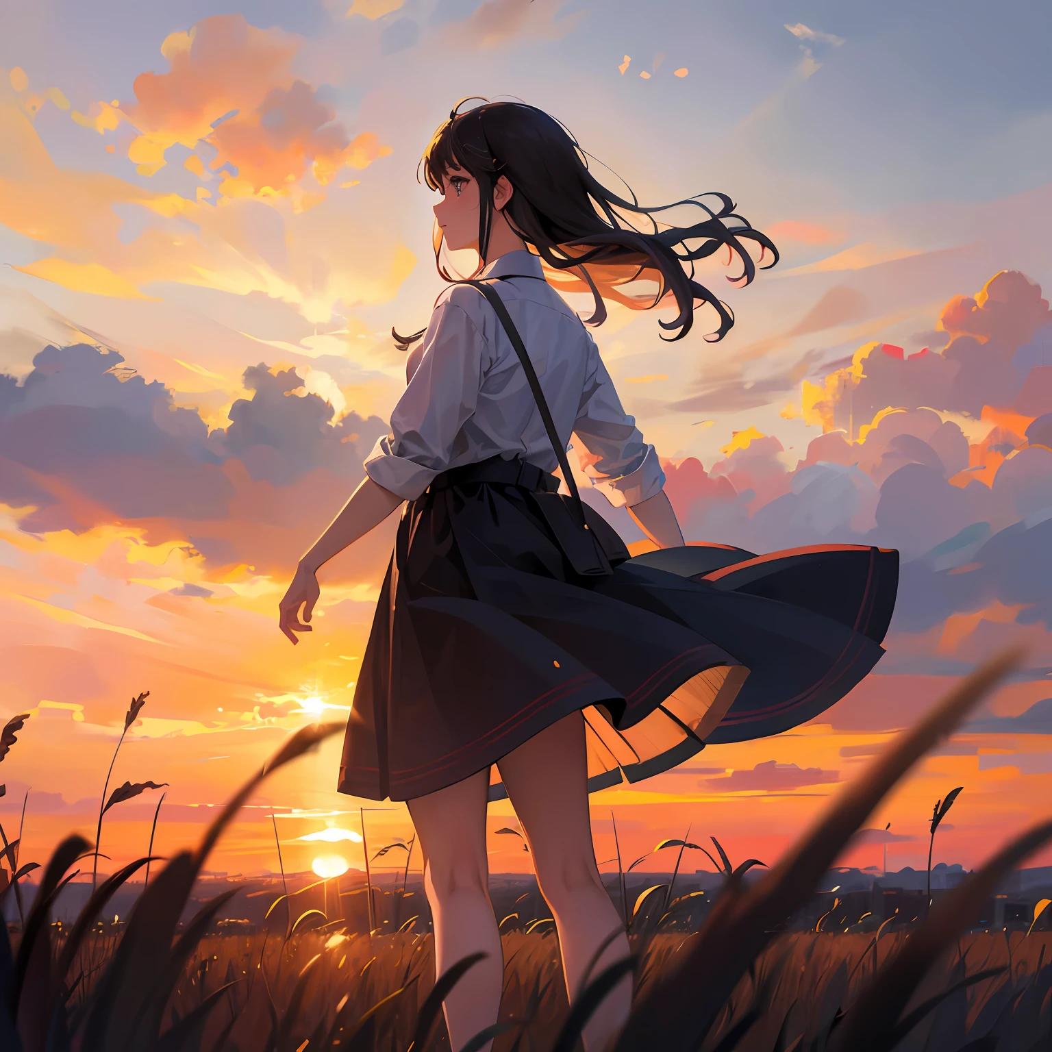 girl standing in field, closeup, portrait, clouds, sunrise