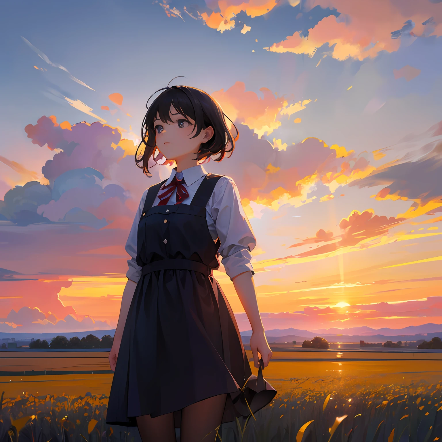 girl standing in field, closeup, portrait, clouds, sunrise