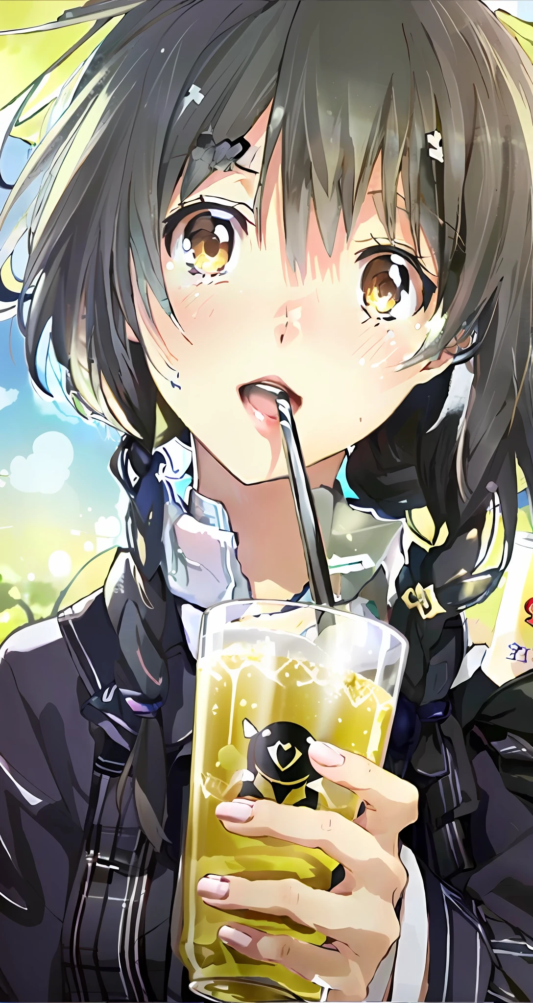 Anime girl drinking drink with straw in hand, anime girls drink Energy drink, soda themed girl, with a straw, anime visual of a cute girl, anime moe art style, drinking a drink, holding a drink, Is ((drink a tea)), Kantai collection style, shikamimi, Guviz, close up iwakura lain