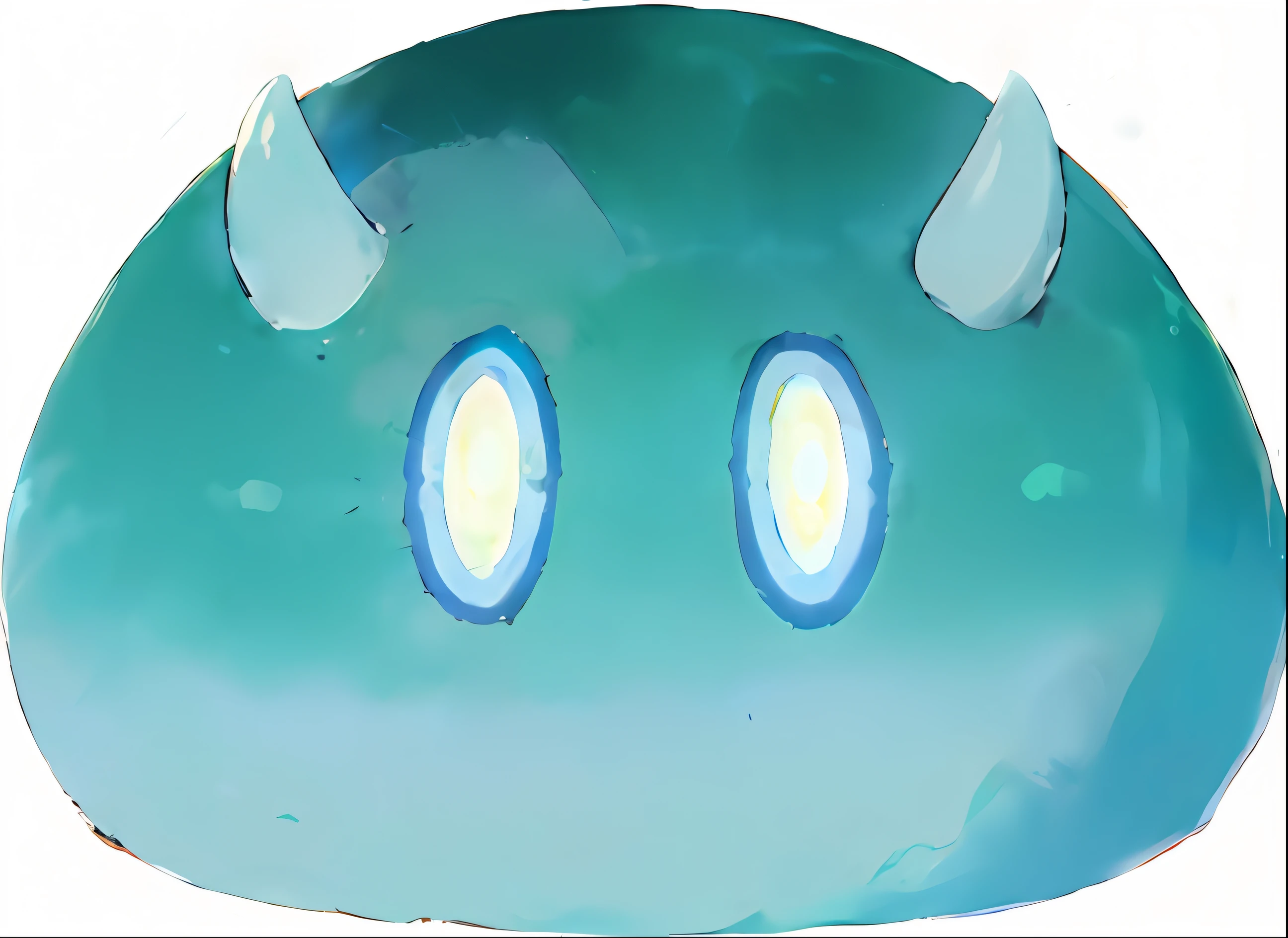 um rosto azul e branco com chifres e chifres, olhos de brilho cristal aquoso, brilhante, alegria reflexiva brilhante viscosa, water type, Trilha Radiante de Slime, Slimes, gelatinoso, olhos e boca brilhantes, grandes olhos brilhantes, bright mint face, a friendly wisp, limo obsidiano, brilho de geleia, babando goo, adorable glowing creature ((slime hrydro genshin impact))