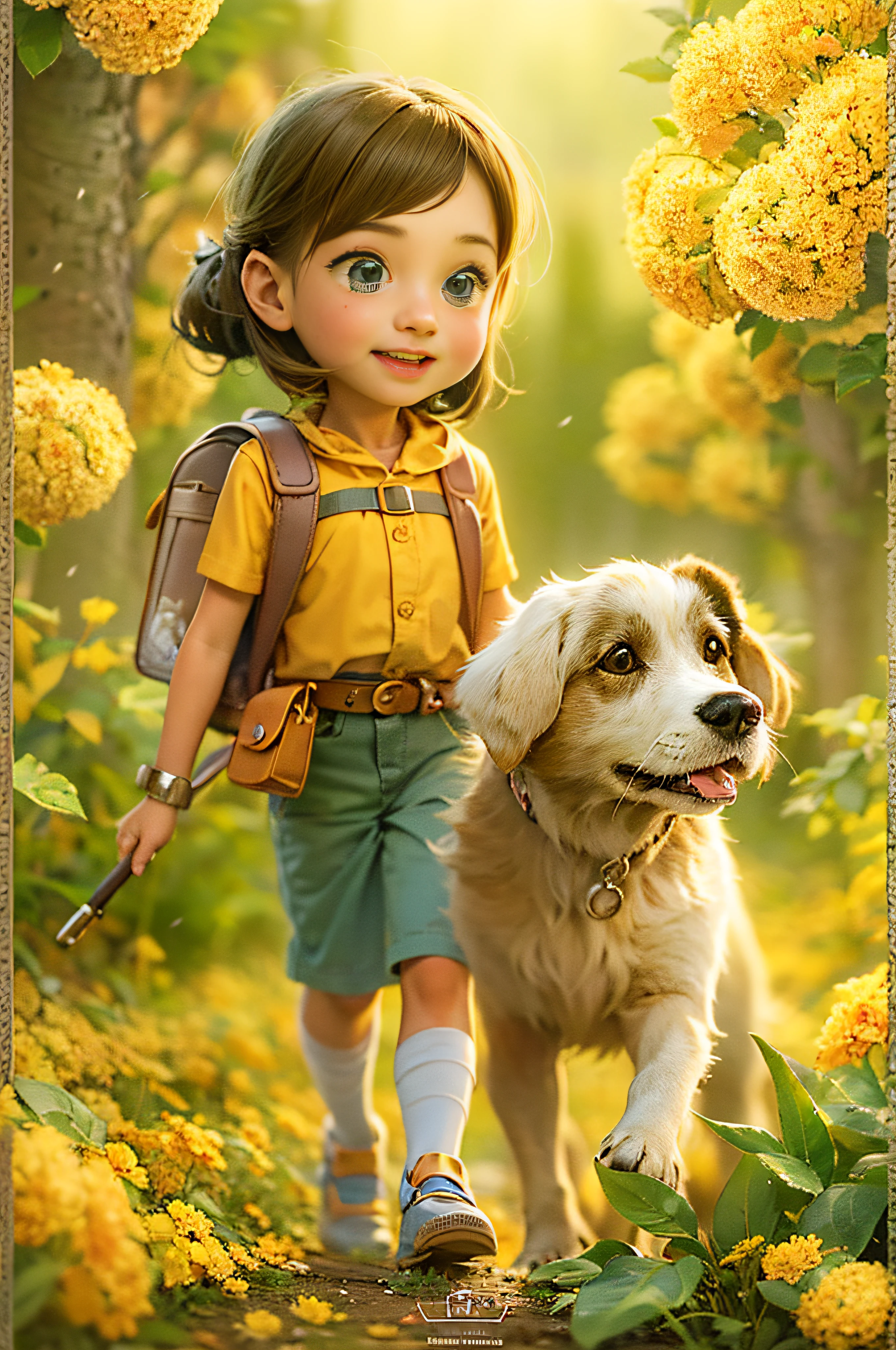 A very charming little girl with a backpack and her cute little dog enjoying a lovely spring outing surrounded by beautiful yellow flowers and nature. The illustration is a high-definition illustration in 4K resolution with highly detailed facial features and cartoon-style visuals