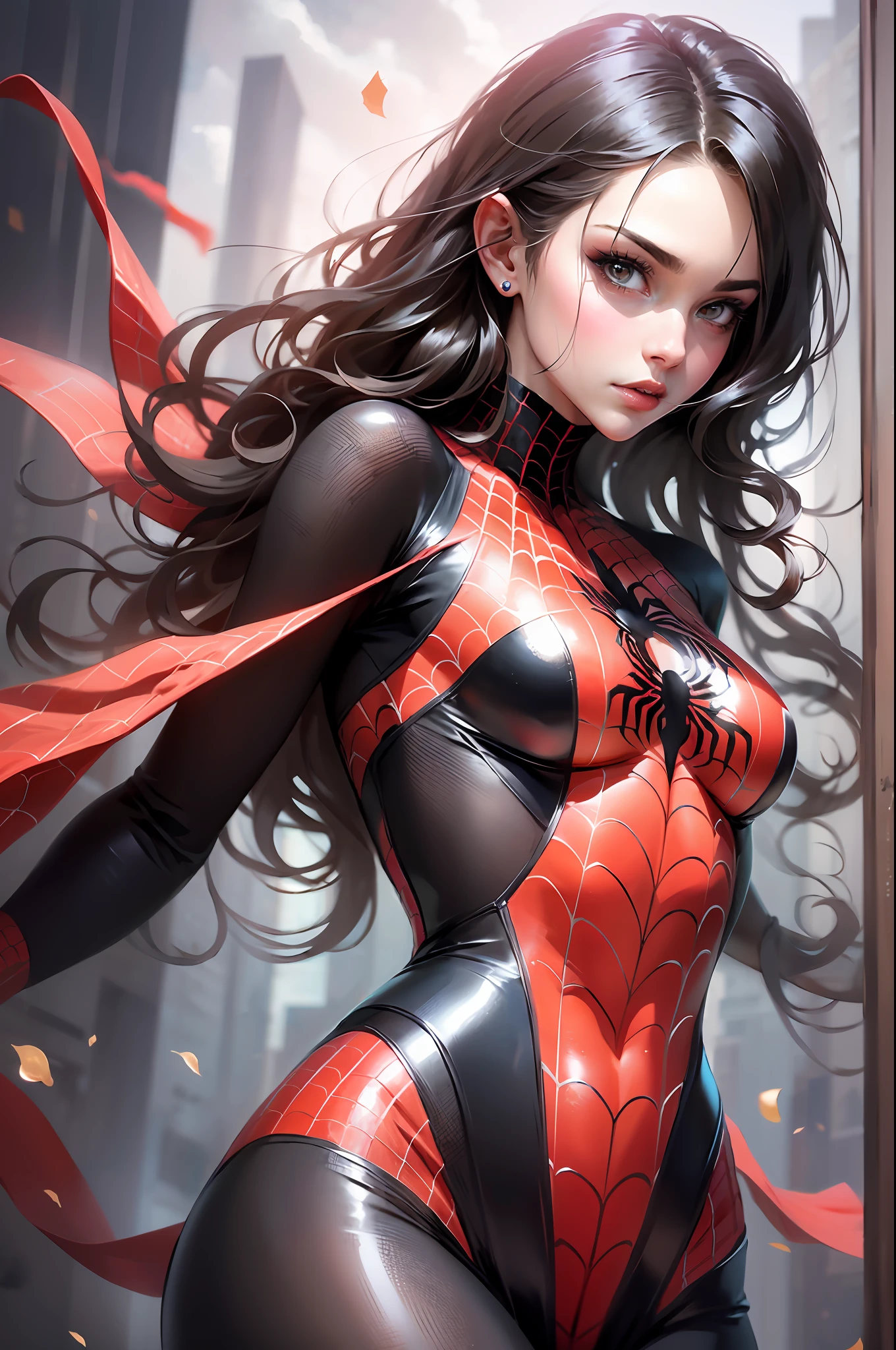 Beautiful woman detailed defined body using spider man cosplay, small breasts