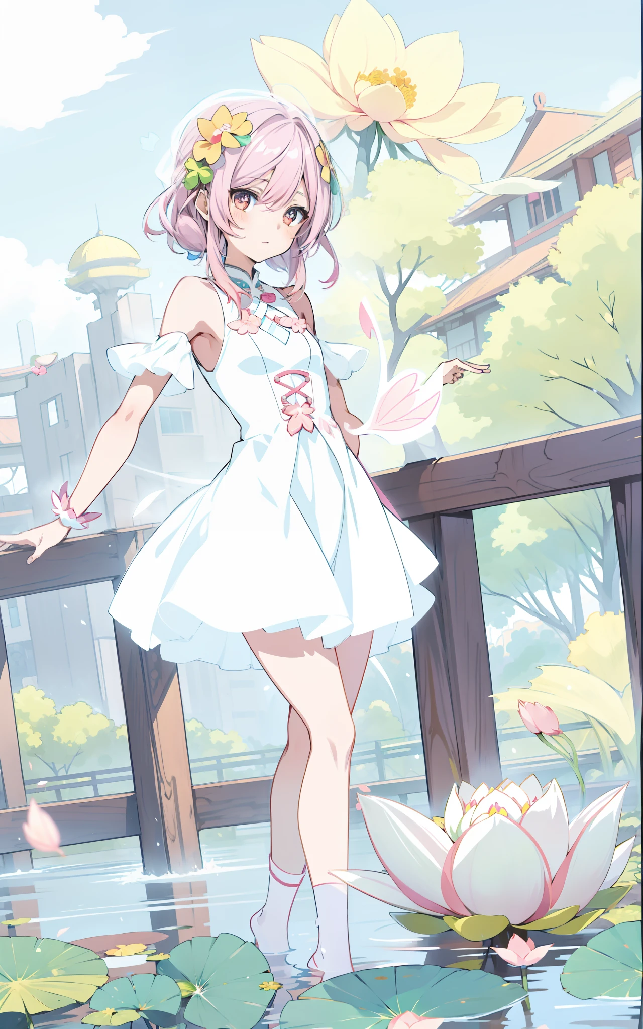 Correct arm，，Right legs，Anime girl with pink hair and white dress dancing on bridge，parasols，Lotus leaf，four-leaf clover，Buble, Soft anime illustration, made with anime painter studio, Anime art style, Anime art style, Anime Stylization, clean artstyle, drawn in anime painter studio, High quality anime art style, In anime style, in an anime style, dreamy psychedelic anime, Anime moe art style, flat anime style shading，Lotus leaf，four-leaf clover，Buble