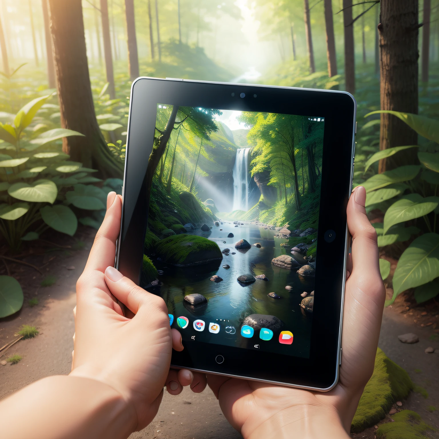 hands holding a tablet that shows nature