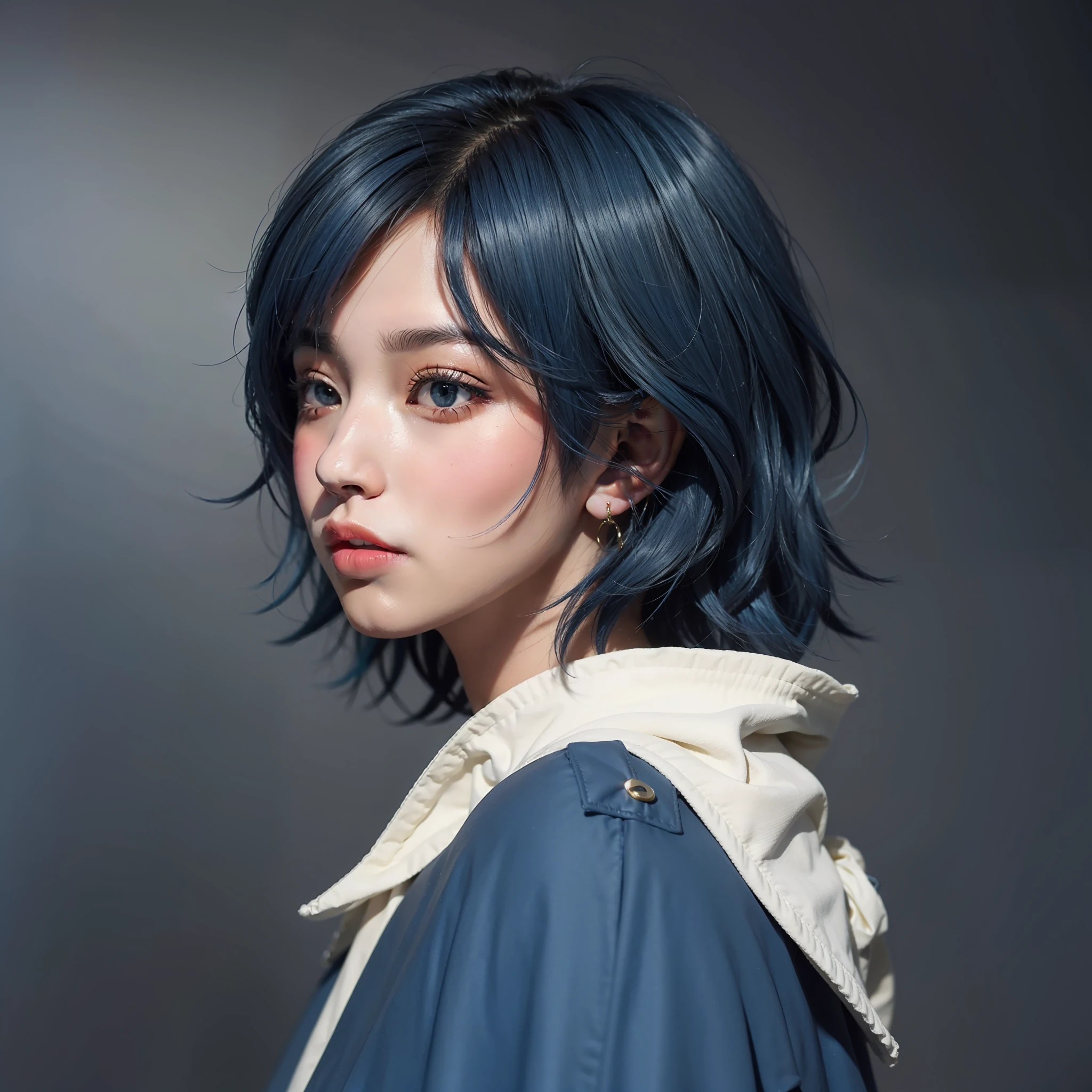 blue short hair,blue surcoat,Short blue skirt,Gradient hair color,bust