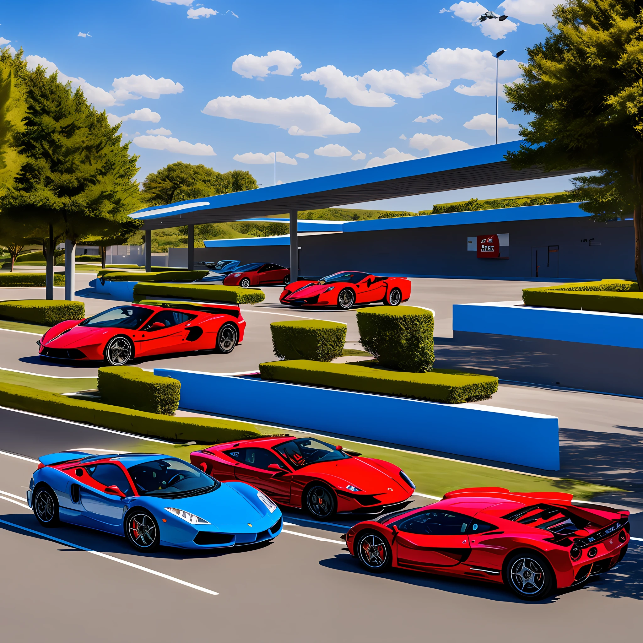 Enzo Ferrari under a bright blue sky Female model of driver Highway parking area --auto