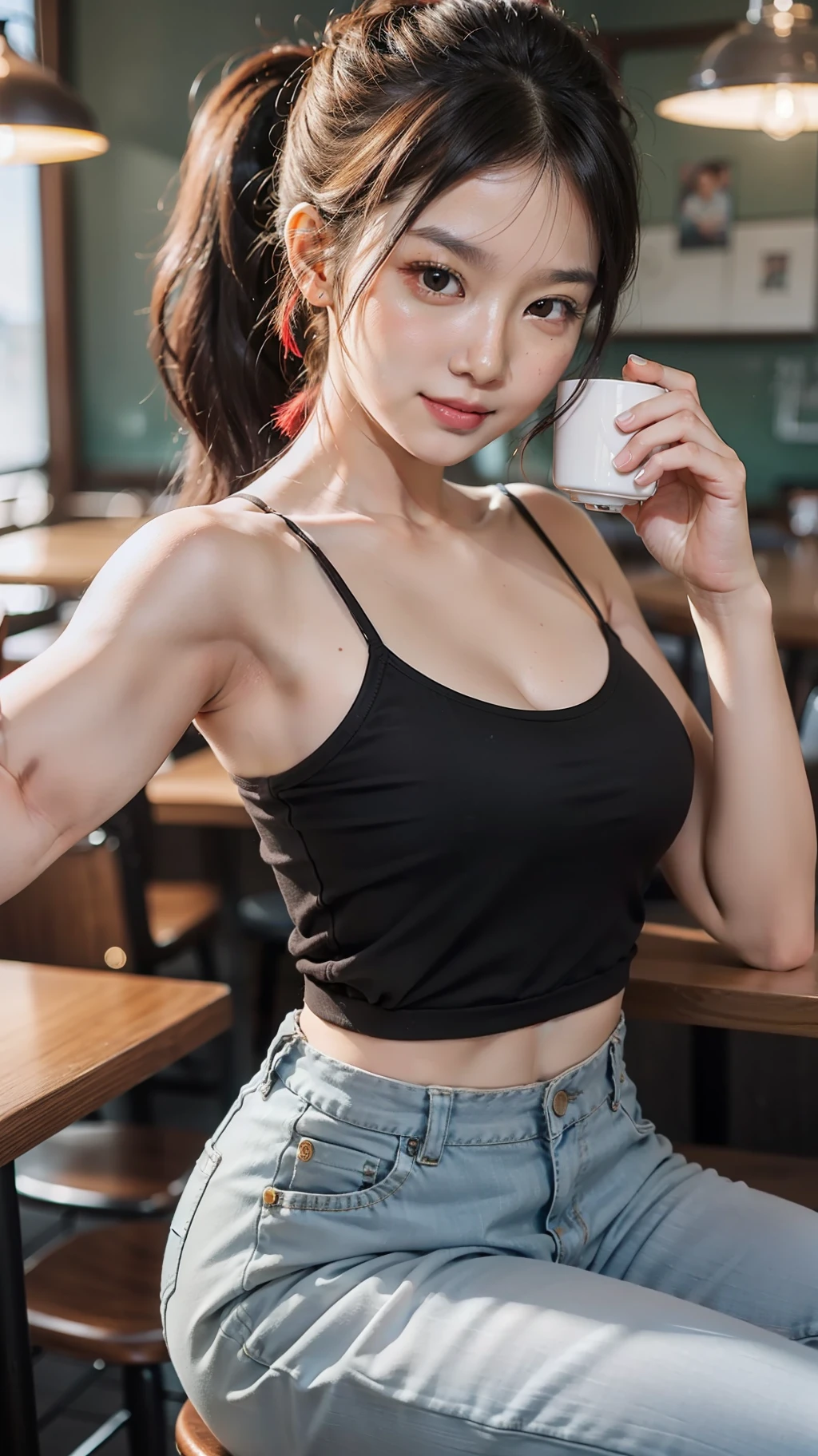 A beautiful Asian girl, smile, red ponytail hair, white skin, smooth skin, medium breasts size, selfie, wearing camisole, and pants, sitting at the cafe, RAW photo