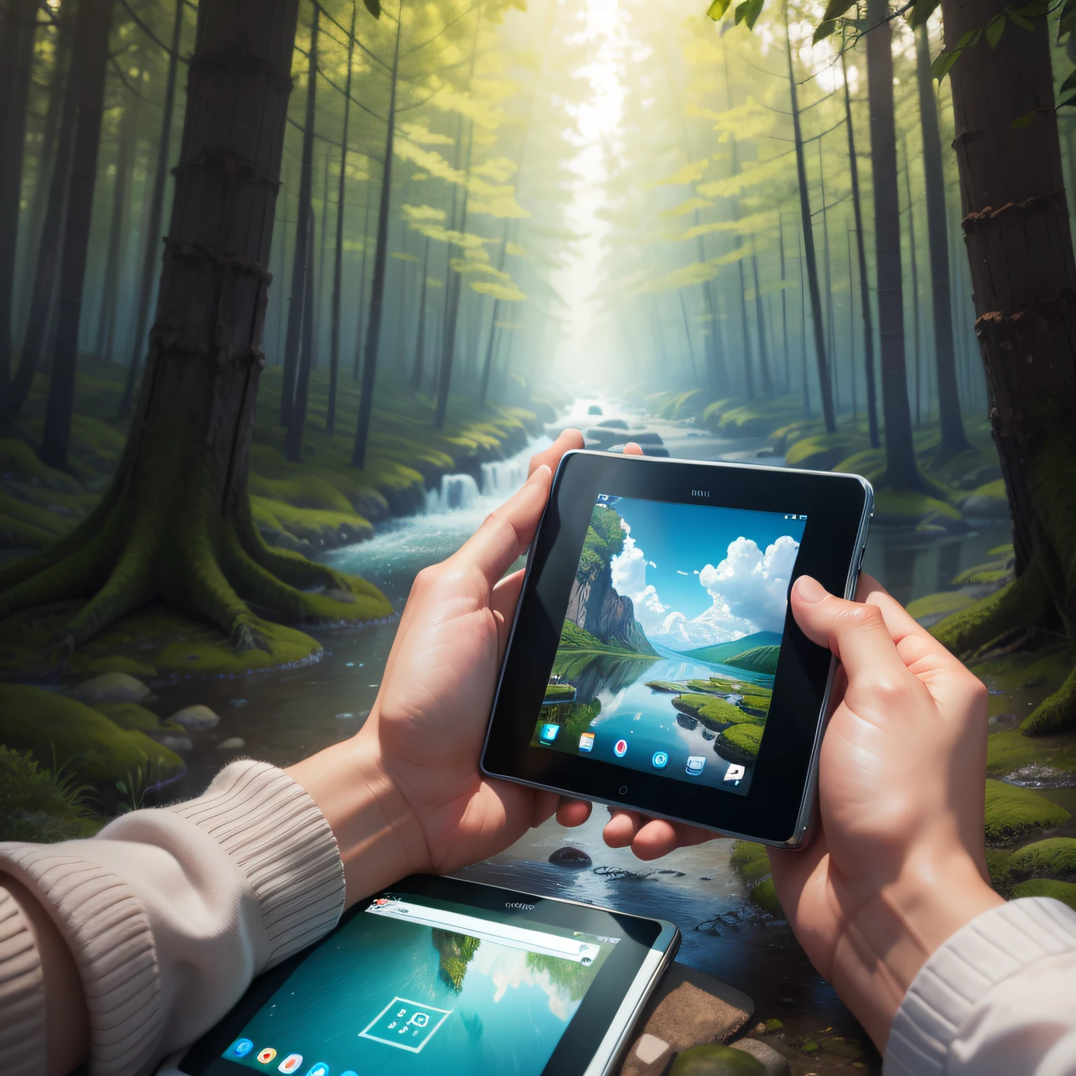 hands holding a tablet that shows nature