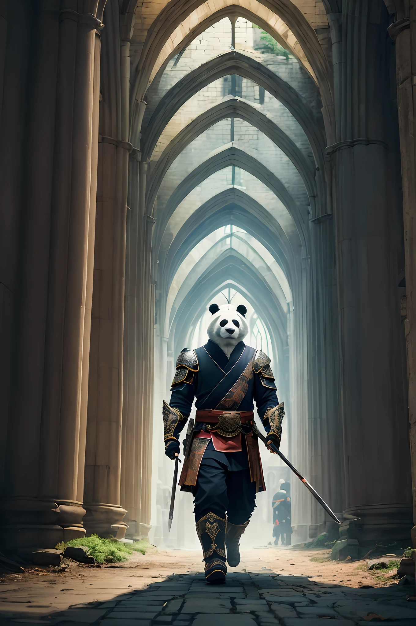 Extremely detailed 8k wallpaper),iintricate,detail-rich,dramatics,Panda bear with white hanfu,preparing to fight,Graphic madness,Light is reflected on the ornaments,Bright ash seeped from the torches of the arched passage,Take a leisurely walk through the gloomy cathedral,Show the whole person that there is a certain distance from the surroundings to get their own permit,Armor。