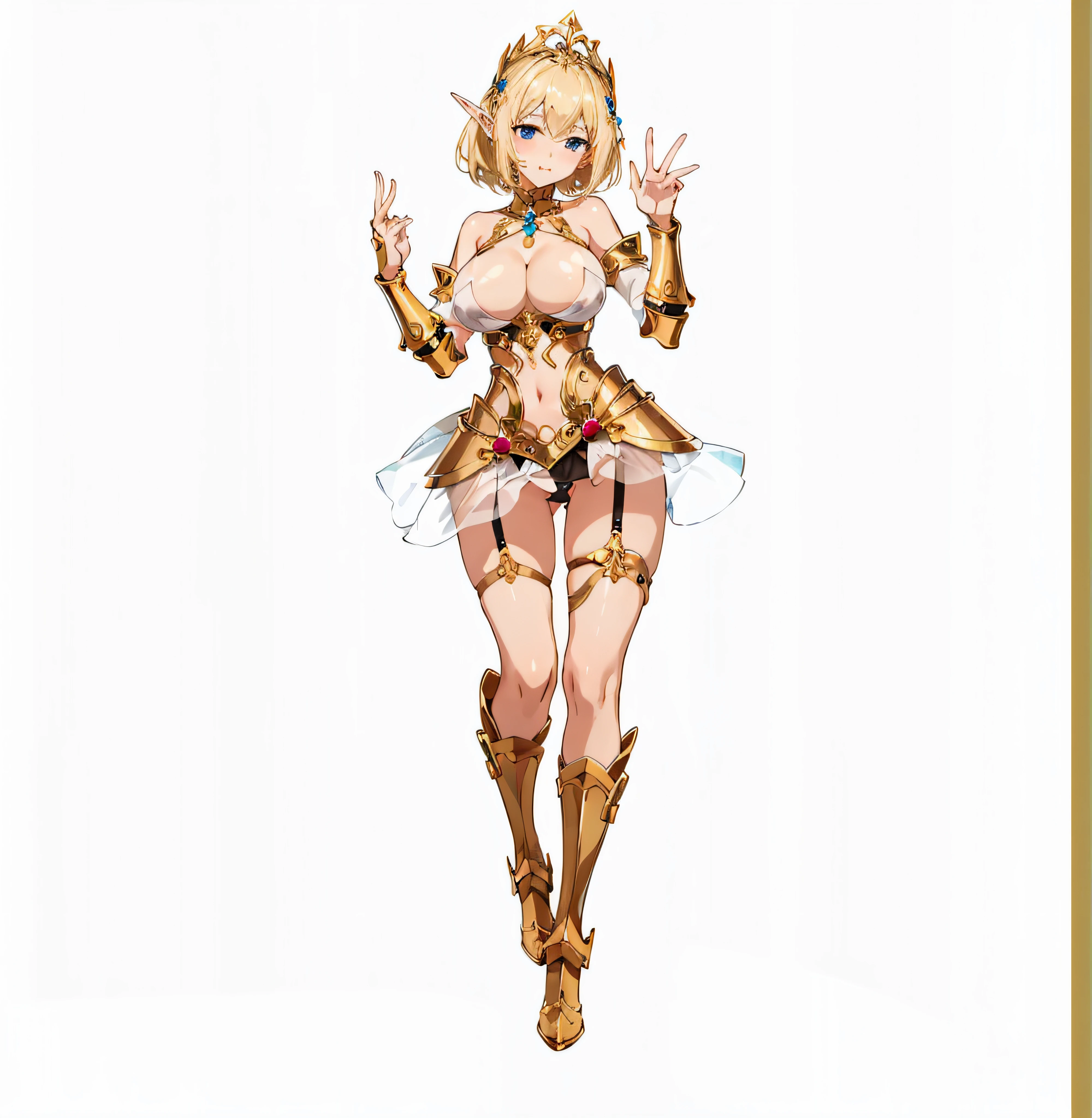 White panty、extremely transparent skirts、Full body like、A smile、Very slender、Anime girl with blonde hair and gold armor posing naked、anime girl with a very big breast and a very big breast、Elven Girl、anime goddess、Perfect Style、The fleshy feeling of whip、short-hair、a blond、Blue eyes、alluring elf princess knight、Very open chest、oppai proportions、(Exposed seductive attractive cleavage:1.3)、teats、You can almost see the areola、Wet sheer skirt、Ultra-thin skirt、Ecchi anime style、Glittering golden armor、Angel Smile、angelic golden armor、Glamorous bikini armor、Beautiful fingers、Gold hair ornament、Gold bangles、Gold ankles、Gold Long Boots、Girl in armor、Sexy body、Emphasizes cleavage