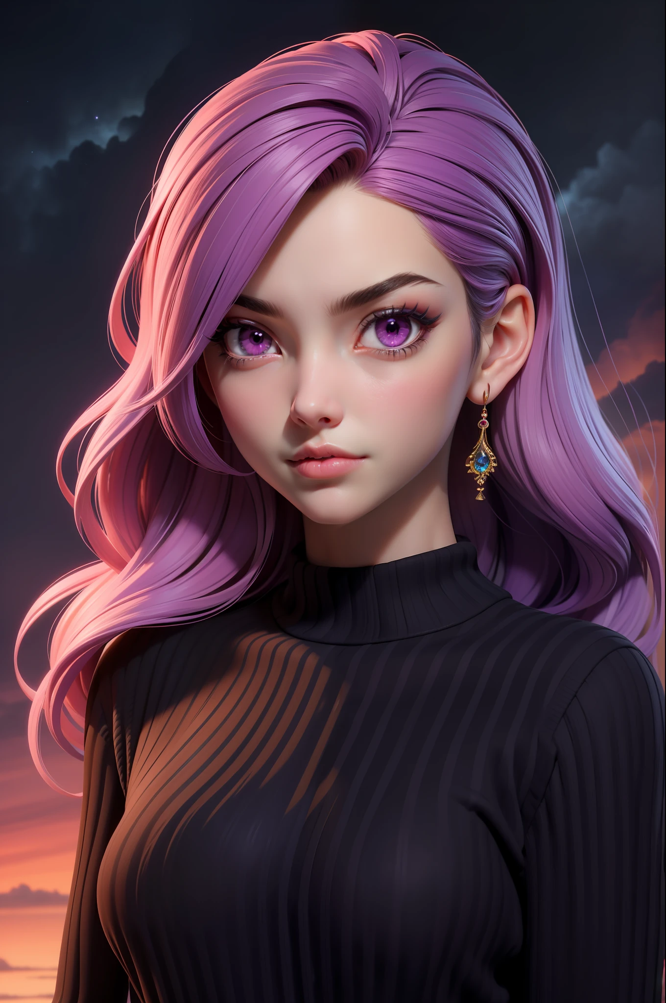 3dmm style,(masterpiece, top quality, best quality, official art, beautiful and aesthetic:1.2), (fractal art:1.3), 1girl, beautiful, high detailed, purple hair with a hint of pink, pink eyes, dark lighting, serious face, looking the sky, sky, medium shot, black sweater, jewelry