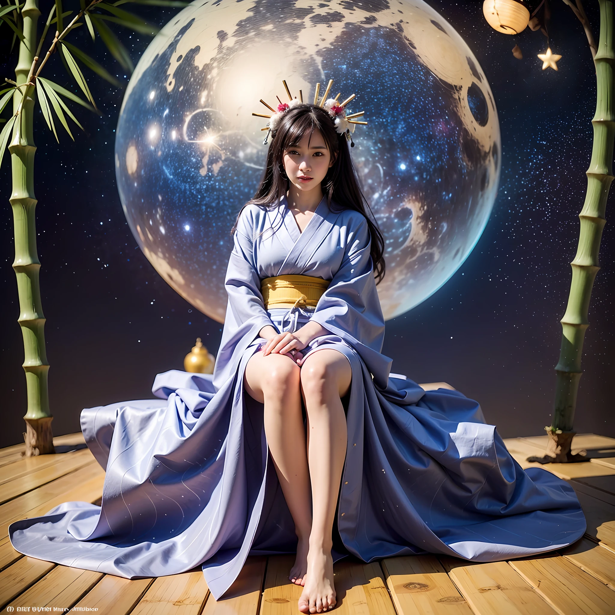 Masterpiece, highest quality, realistic, (((Tanabata Festival: 1.8)))), ((Star Festival: 1.5)), (Orihime, who is waiting in a yukata, has long black hair and a large star-shaped hair ornament and looks sideways at the viewer with a lonely expression)))), (((Galactic stars in the dark night sky)), 20 years old, full body, photorealistic, ((leans on bamboo with a large amount of thin colored paper)), calves, barefoot, Colored paper confetti
