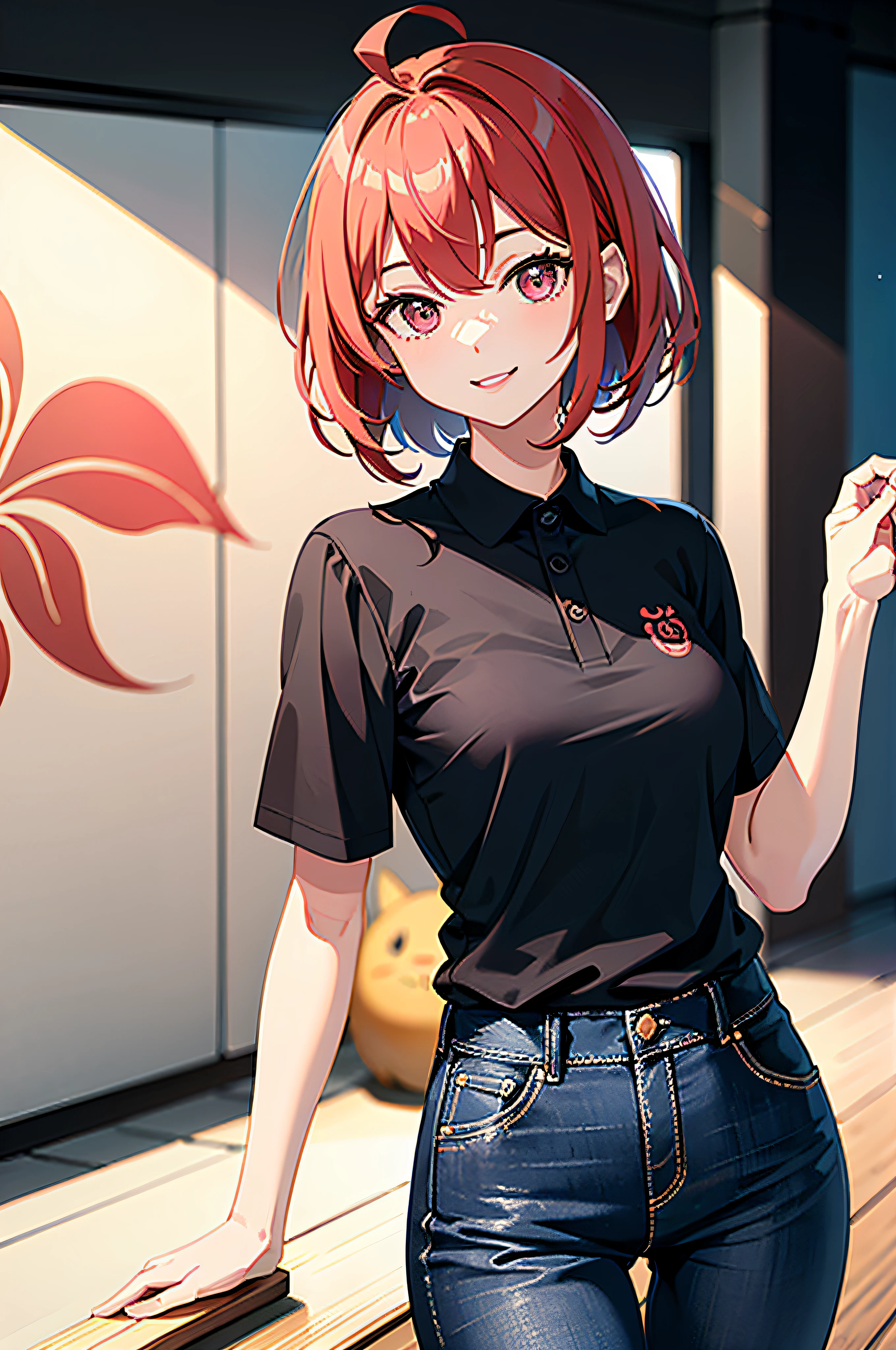 Gentle and attractive Chinese beautiful woman, full body photo, attractive oval face, double eyelids, bright peach blossom eyes, pink lips, smile, small nose, concentrated face, red hair, bob, ahoge, red hair, bob, ahoge, face close-up, ultra high resolution definition, super detail, elegant standing posture, black polo shirt, dark blue jeans, black polo shirt, dark blue jeans