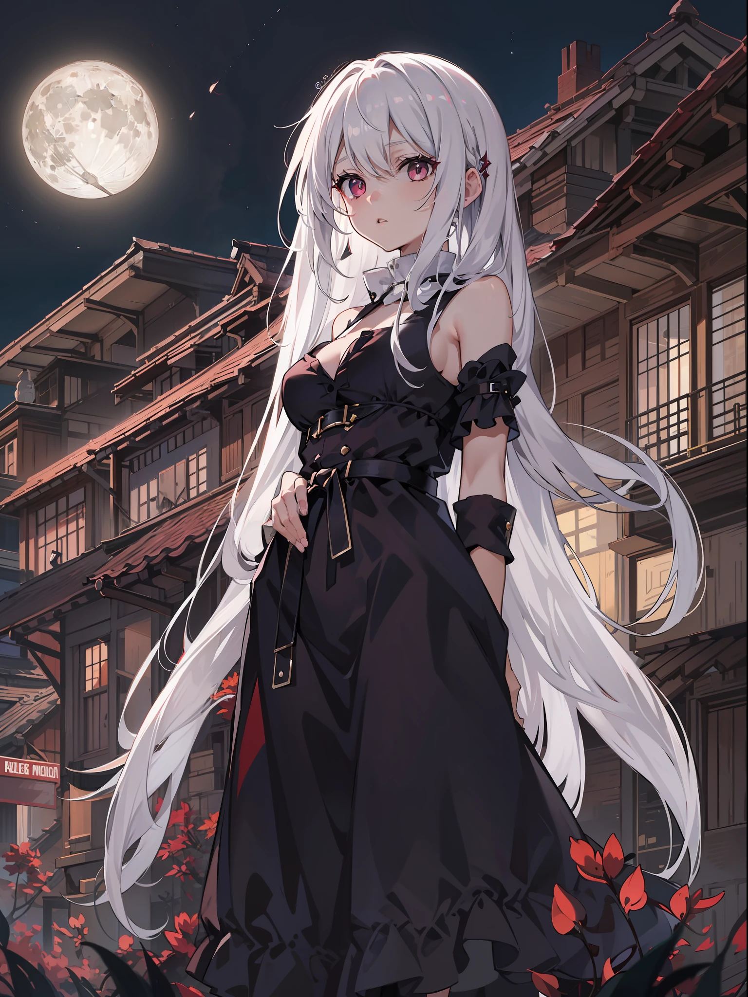 teens girl，White hair，Maroon eyes，Blackn clothes，exteriors，Full moon，don't have clothes