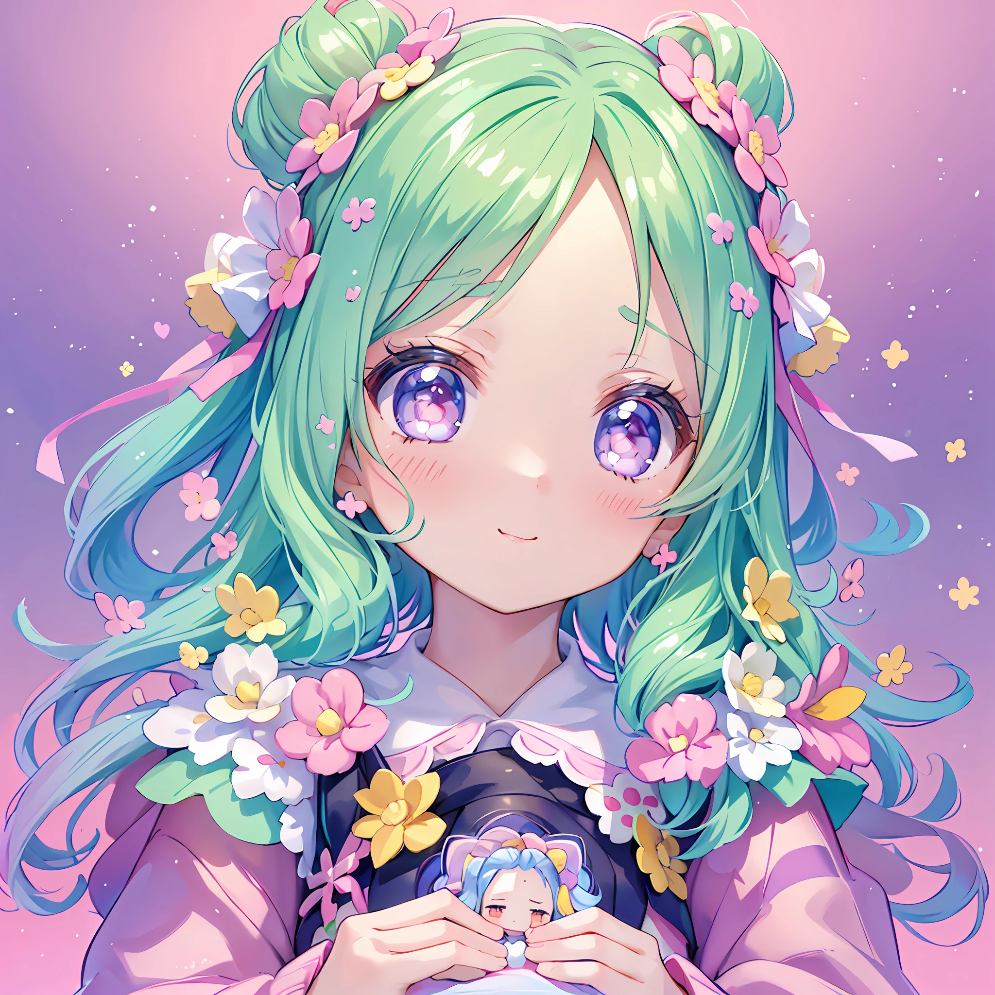 masterpiece, (million 2girls and 2girls and 2girls and 2girls), idol, closeup, big eyes, kawaiitech, kawaii, cute, pastel colors, best quality, happy, deep background, symmetrical, tilted head, spring, cover
