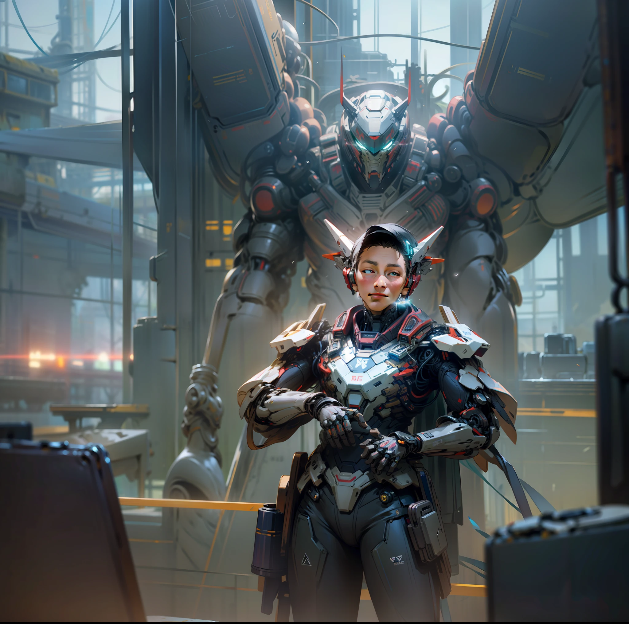 （（best qualtiy））， （（tmasterpiece））， （The is very detailed：1.3）， 3D， Shitu-mecha， (Beautiful cyberpunk boy and his Transformers in the ruins of the forgotten city at war)，(The boy wears a white and red mech)， Rich patterns，Complex structures，Future technology， hdr（HighDynamicRange）， Ray traching， NVIDIA RTX， Hyper-Resolution， Unreal 5， sub surface scattering， PBR Texture， post-proces， Anisotropic filtering， depth of fields， Maximum clarity and sharpness， Many-Layer Textures， Albedo e mapas Speculares， Surface coloring，Accurately simulate light-material interactions，(CG sense),perfectly proportions，(rendering by octane)，twotonelighting，Low ISO，White balance，trichotomy，Wide aperture，8K raw data，High-Efficiency Sub-Pixel，sub-pixel convolution，Luminous Particle，Light scattering，Tyndall effect，Very detailed CG unification，Physically-based rendering, Machinery, Reflection, Realistic, Cyberpunk,Dark_Fantasy,Cyberpunk,(chain saw,chain saw man,Red:1.1),1man,Mechanical marvel,Robotic presence,Cybernetic guardian,wearing a worn-out mech suit，iintricate，（Steel metal[rusted]），ellegance，Clear focus，Photo by Greg Rutkowski，gentlesoftlighting，vivd colour，tmasterpiece，（（the street）），cow boy shot，dynamicposes，Armed with a tech rifle（8k，RAW photos，best qualtiy，tmasterpiece：1.2）