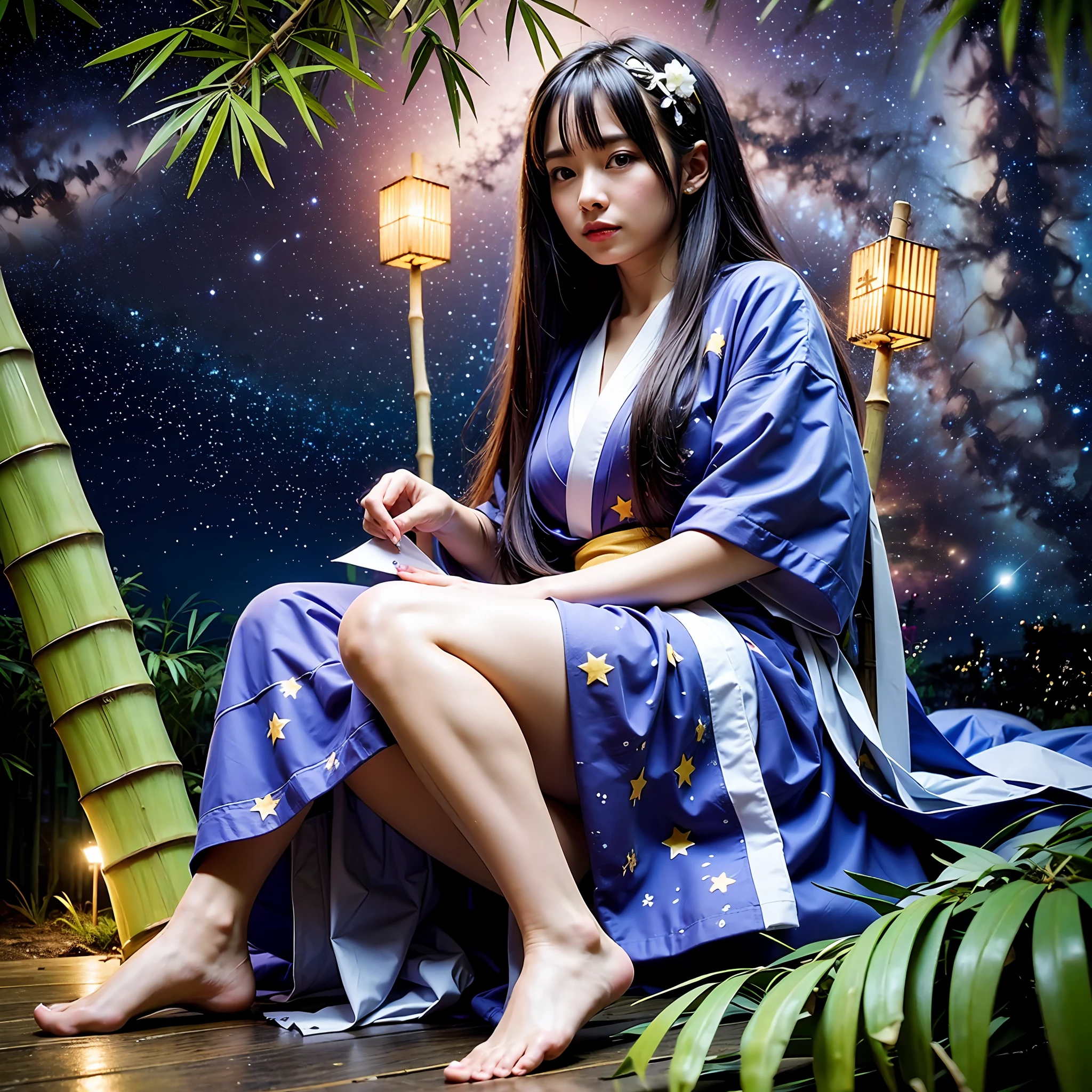 Masterpiece, highest quality, realistic, (((Tanabata Festival: 1.8)))), ((Star Festival: 1.5)), (Orihime, who is waiting in a yukata, has long black hair and a large star-shaped hair ornament and looks sideways at the viewer with a lonely expression)))), (((Galactic stars in the dark night sky)), 20 years old, full body, photorealistic, ((leans on bamboo with a large amount of thin colored paper)), calves, barefoot, Colored paper confetti