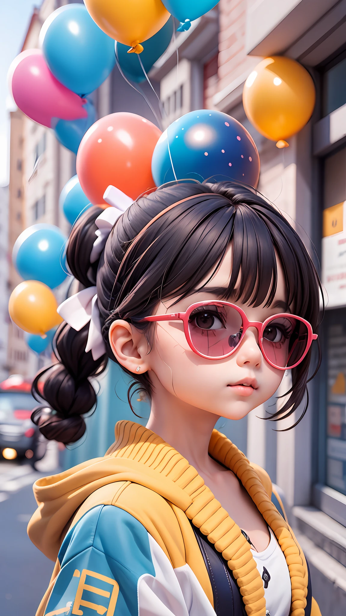 Loli menino, bonito e fofo, wearing blue sunglasses, jaqueta amarela, moletom branco, lots of colorful balloons, babyface, estilo chibi, cabelo vermelho e azul bicolor, braided hair ponytail, olhos de detalhe perfeito, rosto delicado, CG perfeito, qualidade de imagem HD, Colorful balloons, heaven, a white truck parked in front of a building, --auto --s2