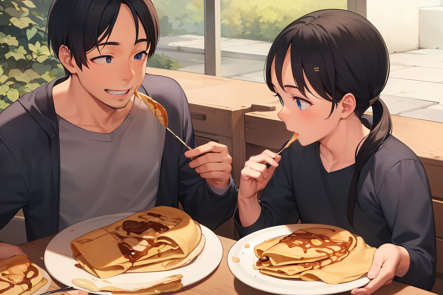 Father and son eating French crepe