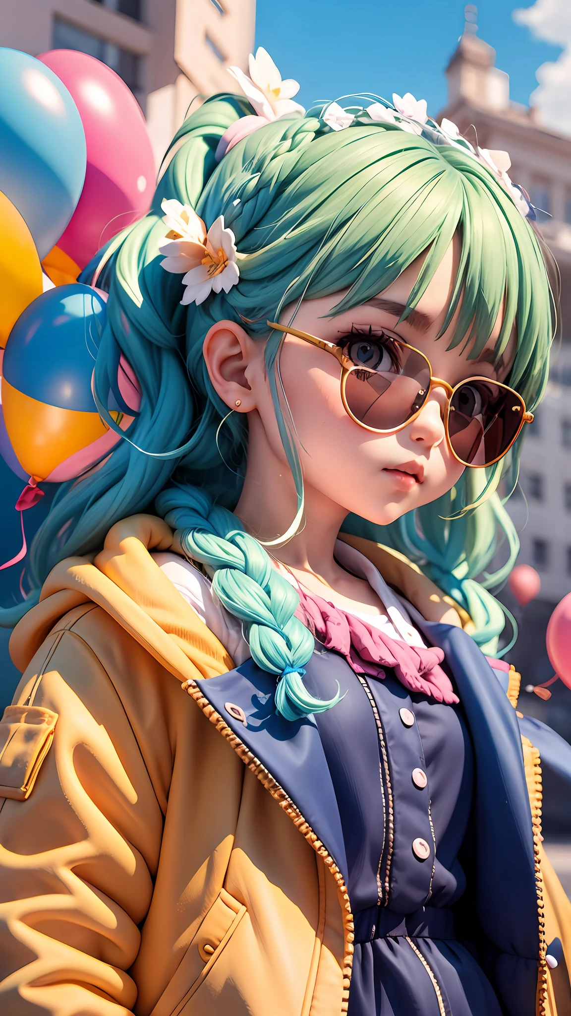 meninito e fofo, wearing blue sunglasses, jaqueta amarela, moletom branco, lots of colorful balloons, babyface, estilo chibi, cabelo vermelho e azul bicolor, braided hair ponytail, olhos de detalhe perfeito, rosto delicado, CG perfeito, qualidade de imagem HD, Colorful balloons, heaven, a white truck parked in front of a building, --auto --s2