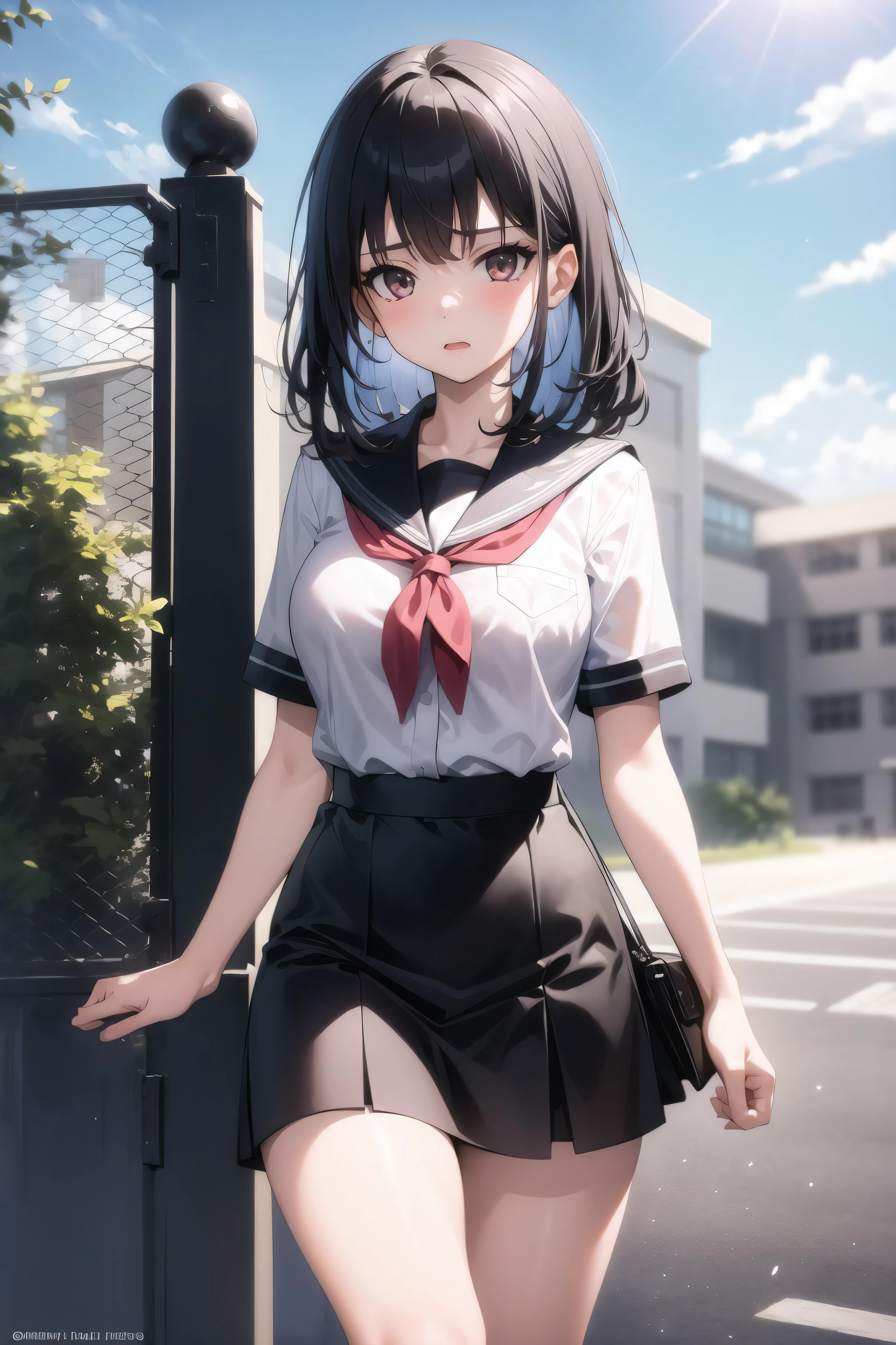 1girl, school, school uniform, gate, fence, masterpiece, best quality, highly detailed