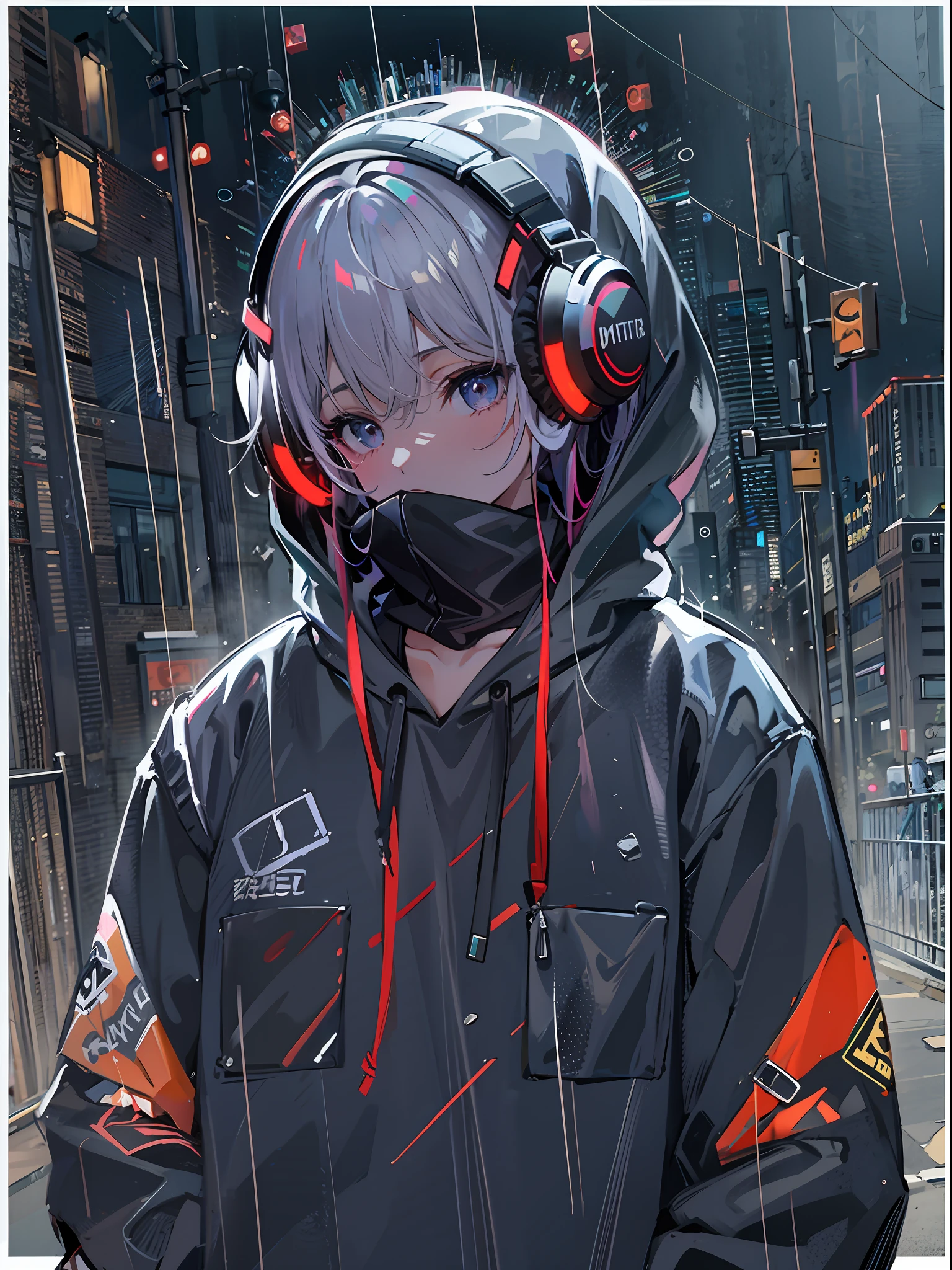 masterpiece, girl alone, solo, incredibly absurd, hoodie, headphones, street, outdoor, rain, neon,