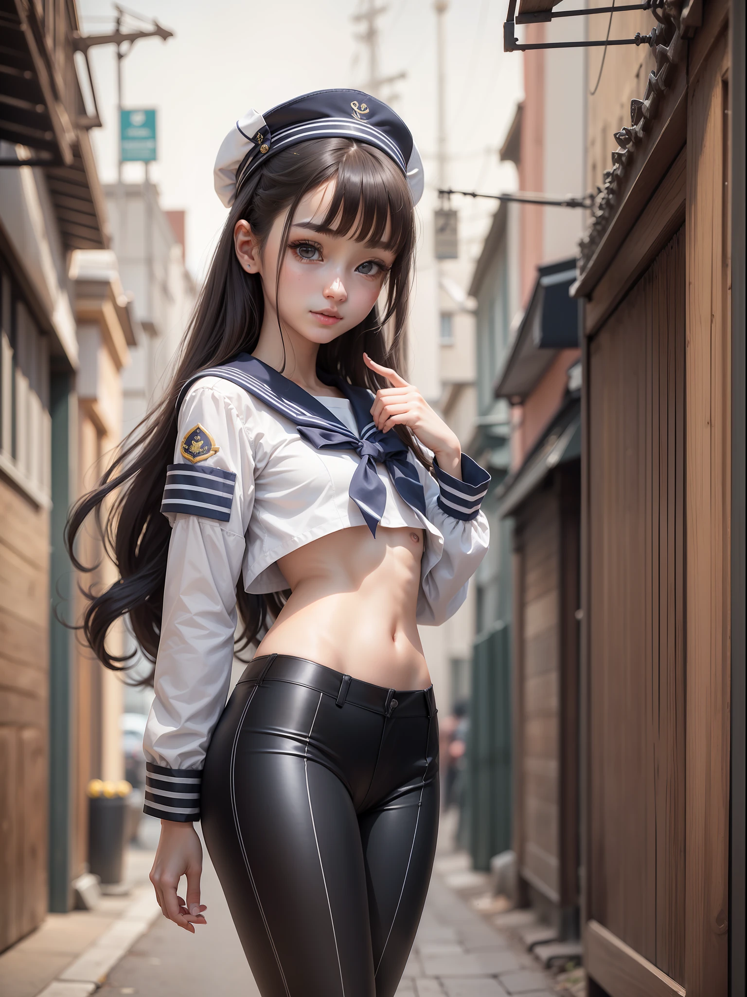 masuter piece, best qualtiy, (realisitic, Photorealsitic:1.37), ((独奏)), 8K image quality, Extremely delicate and beautiful, splendid, Official art with attention to detail, Ridiculous, Unbelievably ridiculous, huge filesize, ultra-detailliert, ighly detailed, (Petite and cute girl), (detailed girl), extremely detailed eye and face, Beautiful detailed eyes, Light makeup,, (Slender and perfect female figure), tiny chest, Slim waist, small ass, ((fullllbody)), ((Put the head in the frame)), ((a sailor)), (a sailor suit), (Sailor Pants), (Sailor Hut), At the port, Black hair, ssmile,