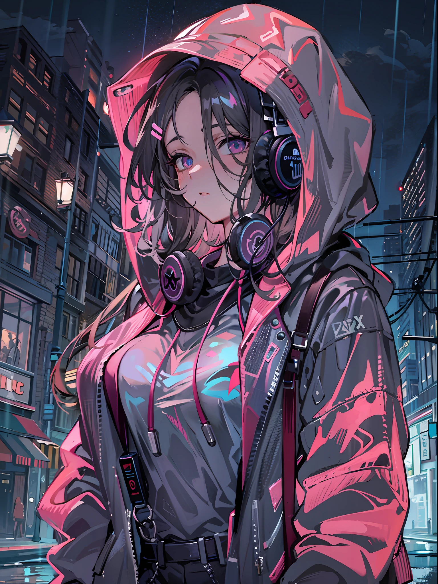 masterpiece, girl alone, solo, incredibly absurd, hoodie, headphones, street, outdoor, rain, neon,