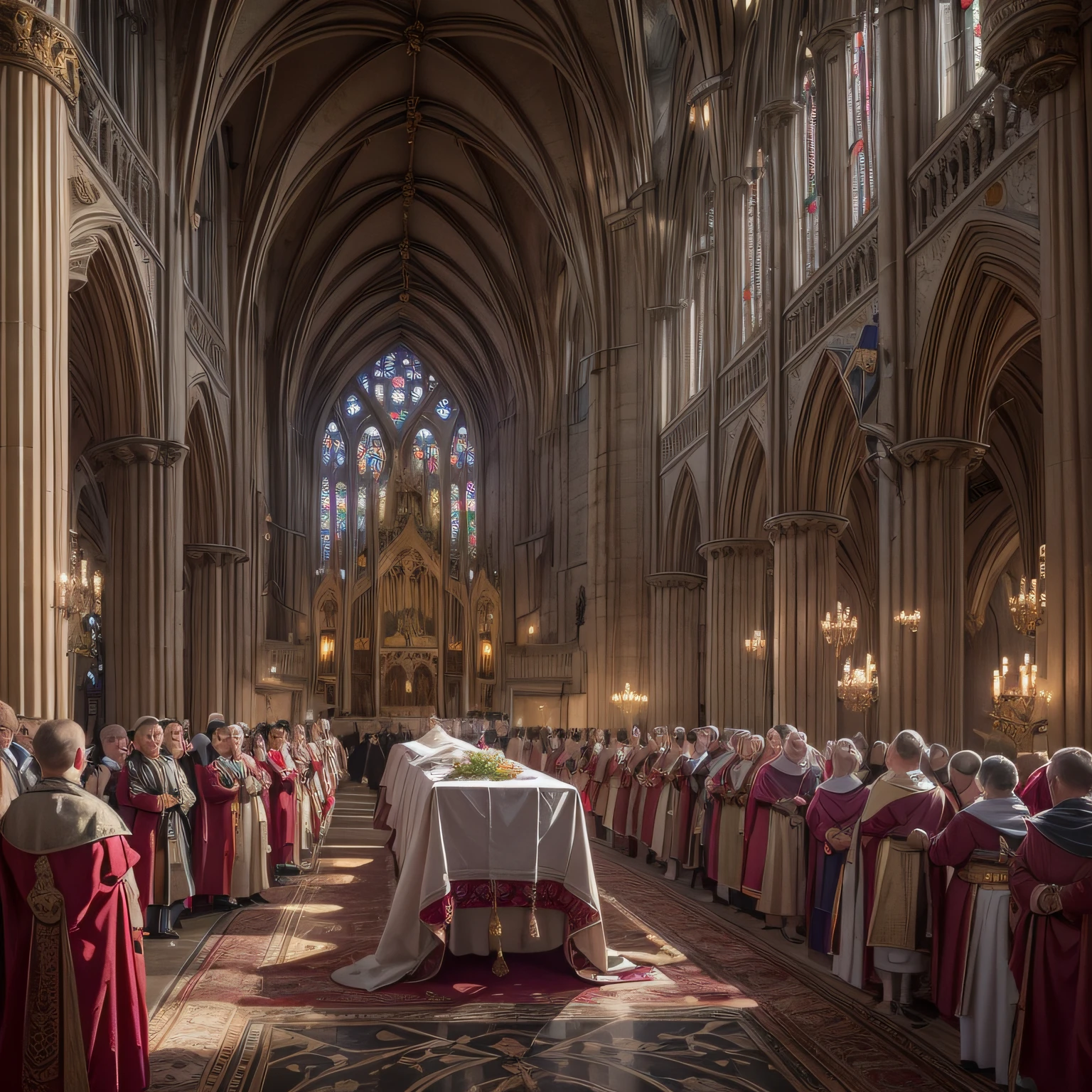 A photorealistic digital illustration of the imagined scene depicting the burial of King Henry I of England. The solemn ceremony takes place within the hallowed walls of a grand medieval cathedral. The illustration should capture the gravity of the moment, as high-ranking nobles and clergy attend the burial to bid farewell to the respected monarch. The regal coffin should be historically accurate, adorned with ornate carvings and draped with a royal standard, symbolizing the honor and respect bestowed upon the late king. The cathedral's interior should be intricately detailed, with attention to the architecture and stained glass windows. The lighting should be soft and somber, evoking the solemnity of the occasion. The resolution must be 8K, ensuring a highly detailed render that conveys the grandeur and reverence of the historical reenactment