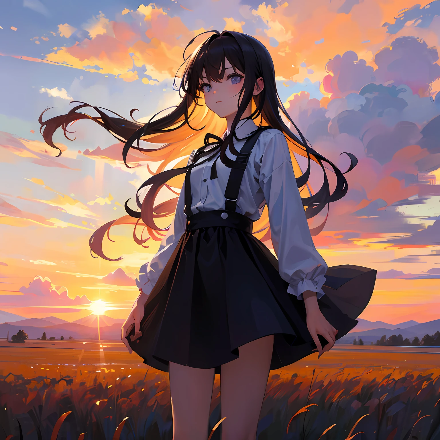 girl standing in field, closeup, portrait, clouds, sunrise