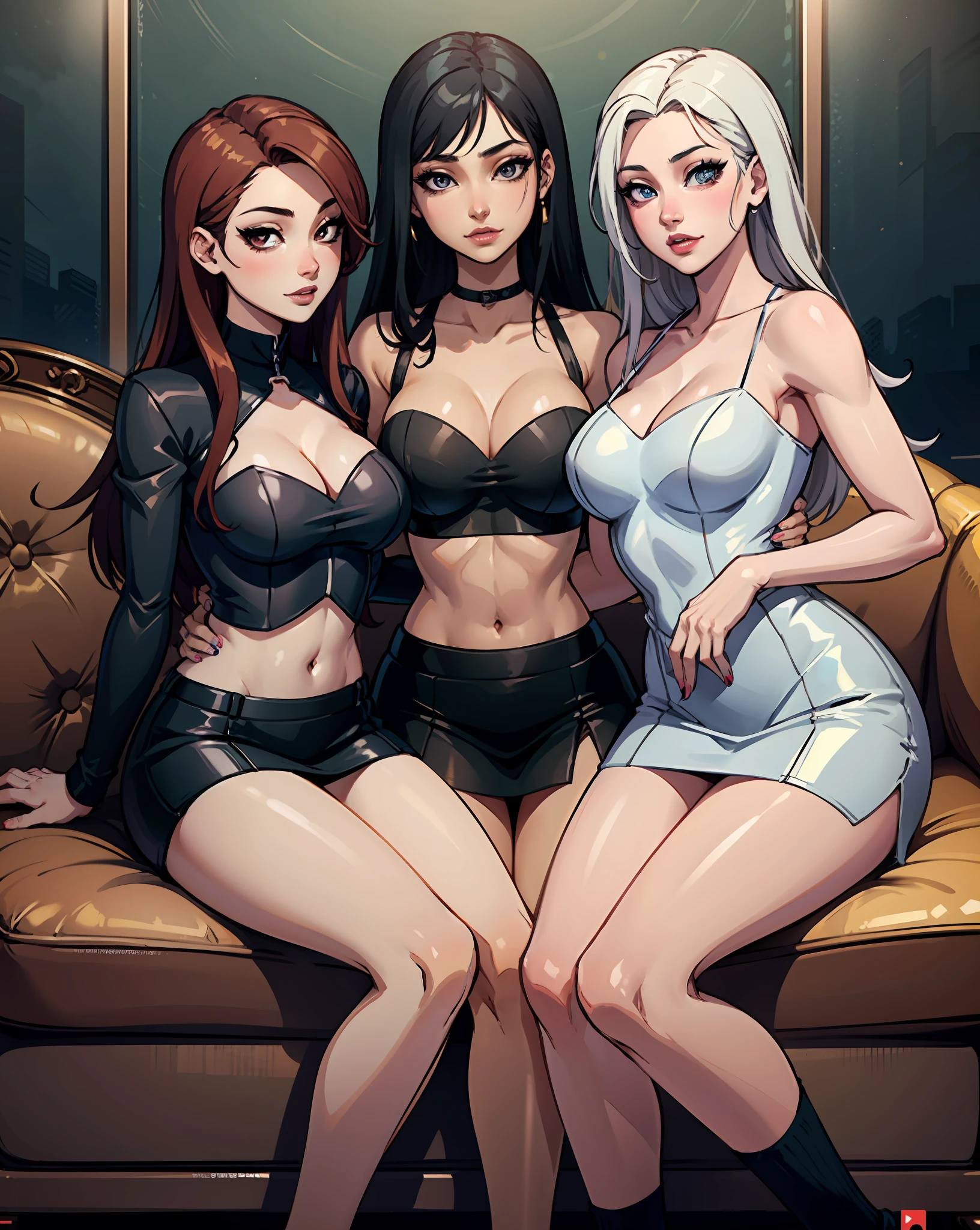 three women sitting on a couch,trending at cgstation, with black, posing together in short dress, sakimichan, jaeyeon nam, sexy pose, beautiful girls, 4k), 4k], 4 k ), 4 k ], asian women, perfume, cute girls, korean girl, high quality upload, instagram model, korean idol,crop top and miniskirts