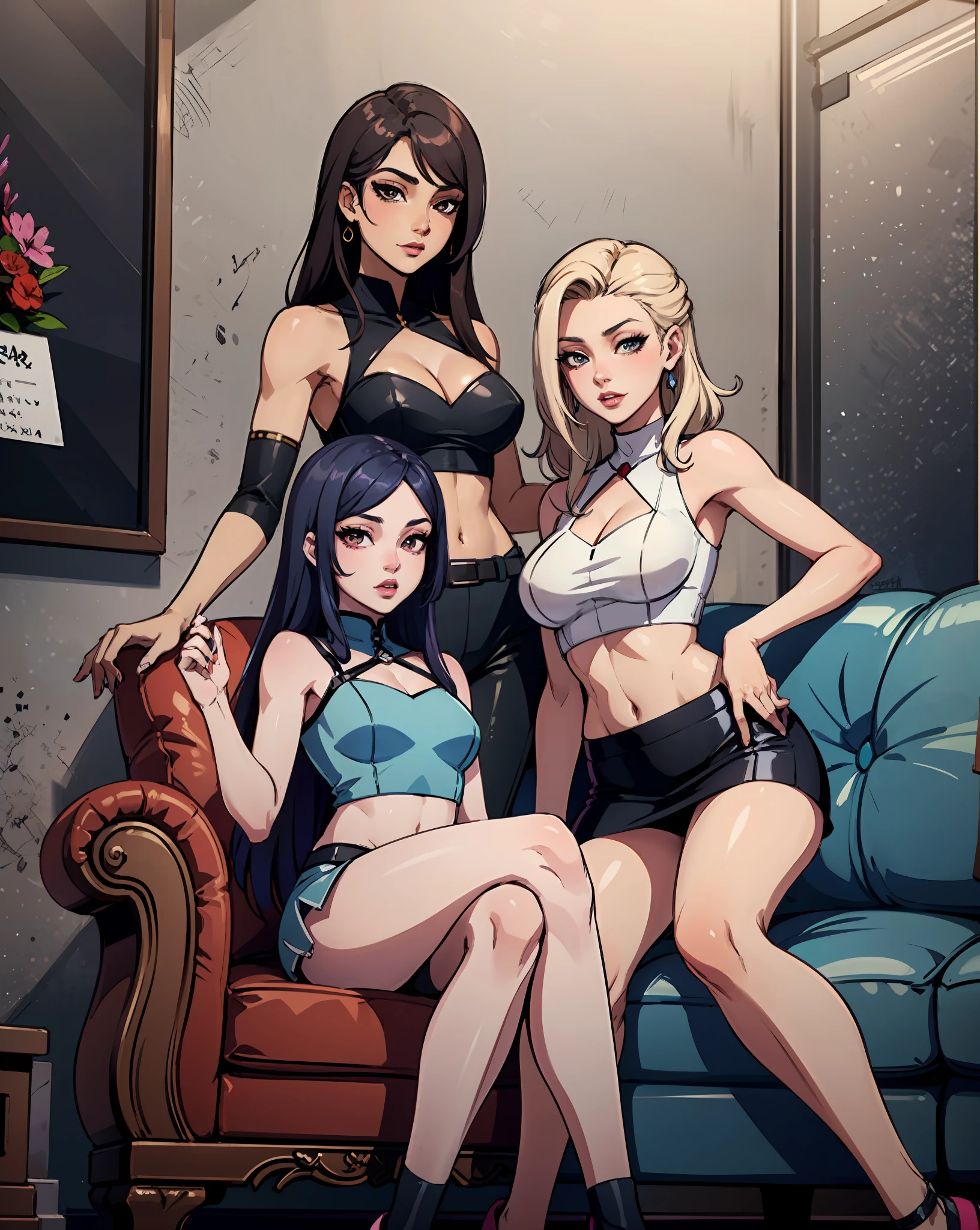 three women sitting on a couch,trending at cgstation, with black, posing together in short dress, sakimichan, jaeyeon nam, sexy pose, beautiful girls, 4k), 4k], 4 k ), 4 k ], asian women, perfume, cute girls, korean girl, high quality upload, instagram model, korean idol,crop top and miniskirts