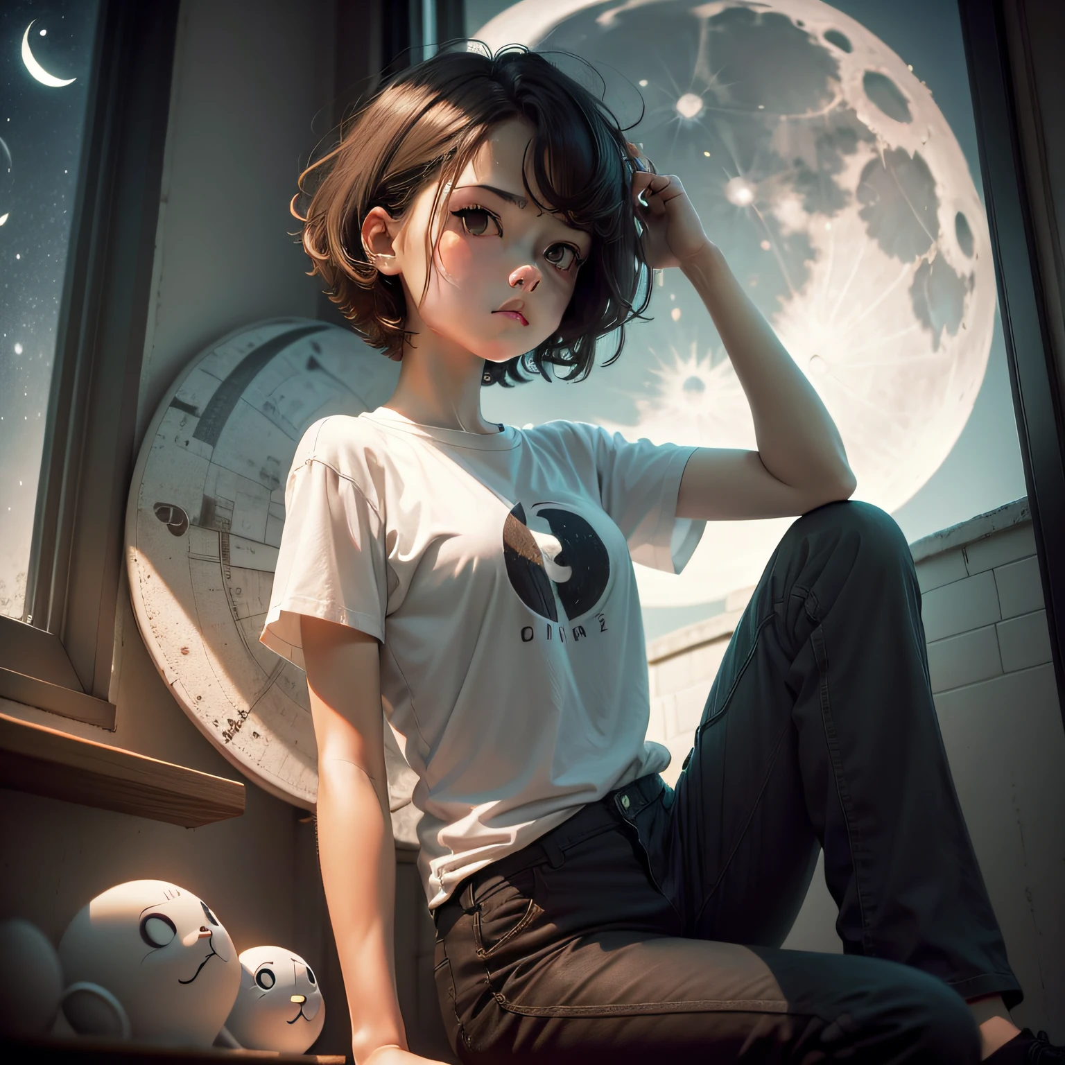 quadratic element,brunette color hair,short detailed hair,white short sleeve,shorter pants,beside the window,Look up at the moon,adolable,Depressive,Dark eyes,