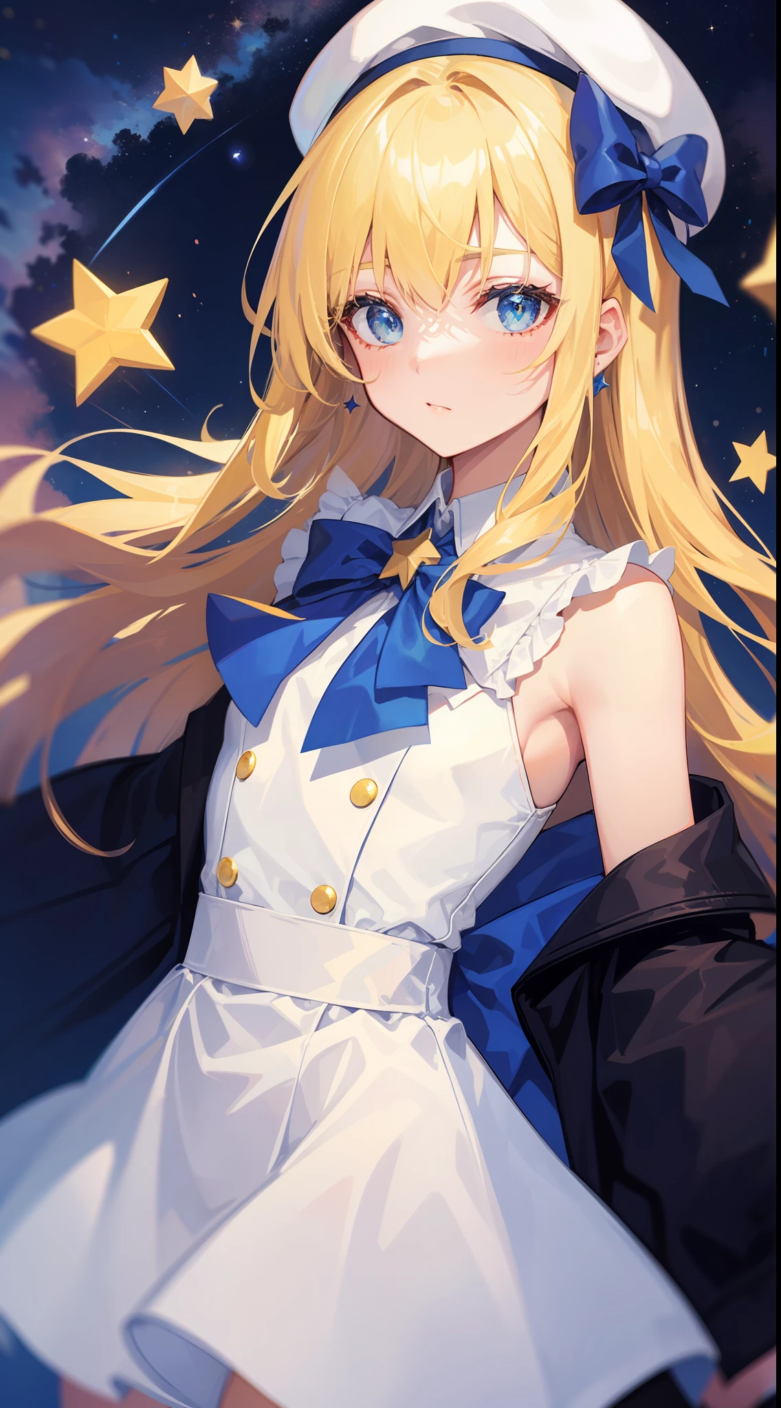 Yellow-haired，white dresses，eBlue eyes，star accessories，Blue bow tie，white beret（It has a blue bow on it），starryskybackground，meteors，4K