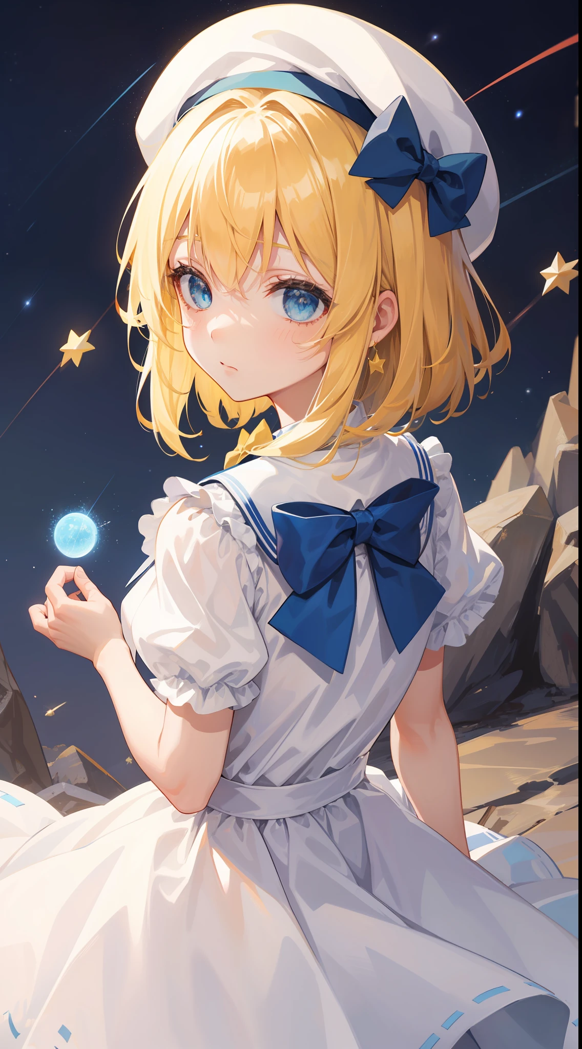 Yellow-haired,white dresses,eBlue eyes,star accessories,Blue bow tie,white beret(It has a blue bow on it),starryskybackground,meteors,4K